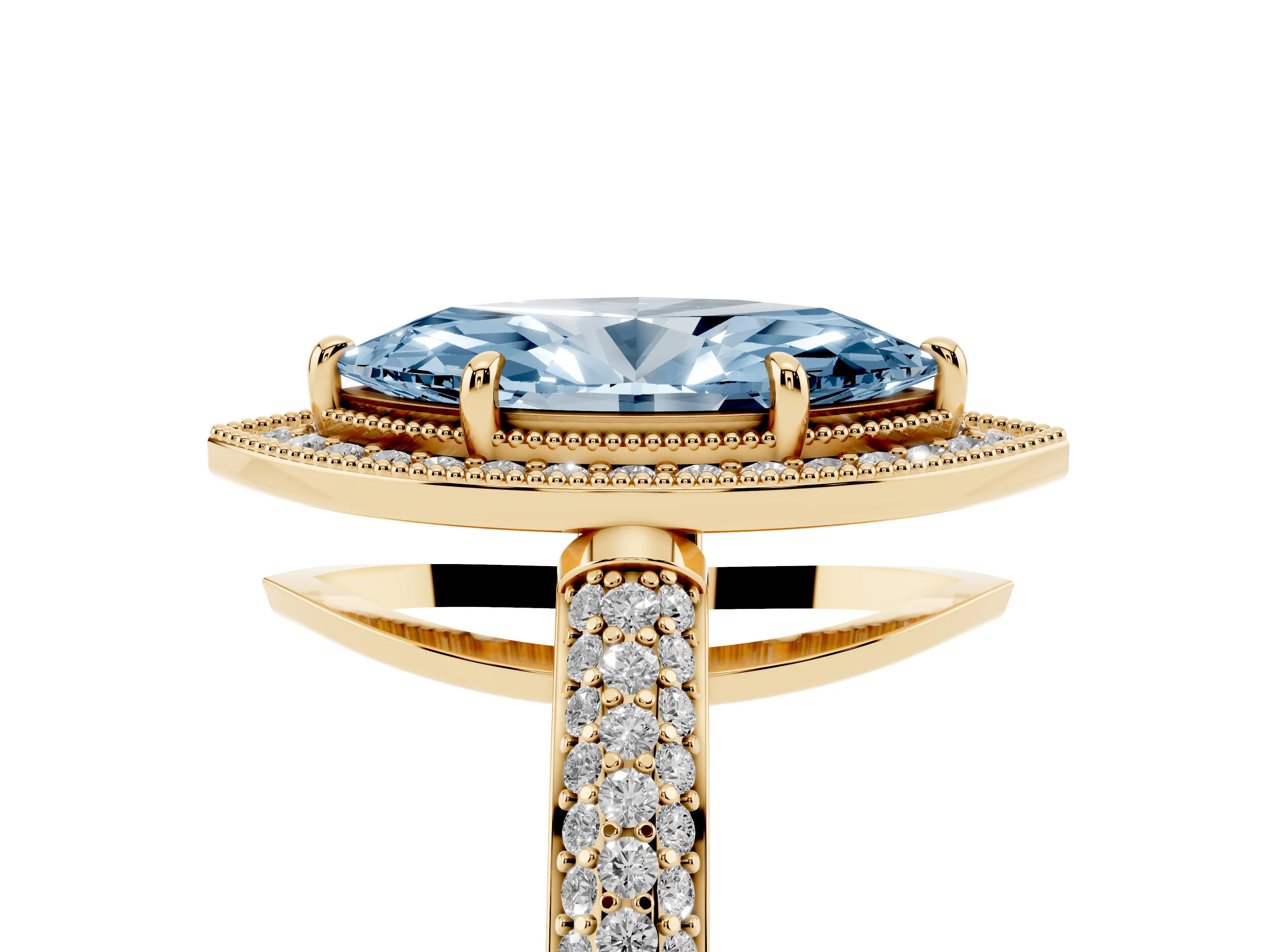 Fancy Blue Marquise Cut Diamond Halo Pavé Band Set in Yellow gold with Prong Setting