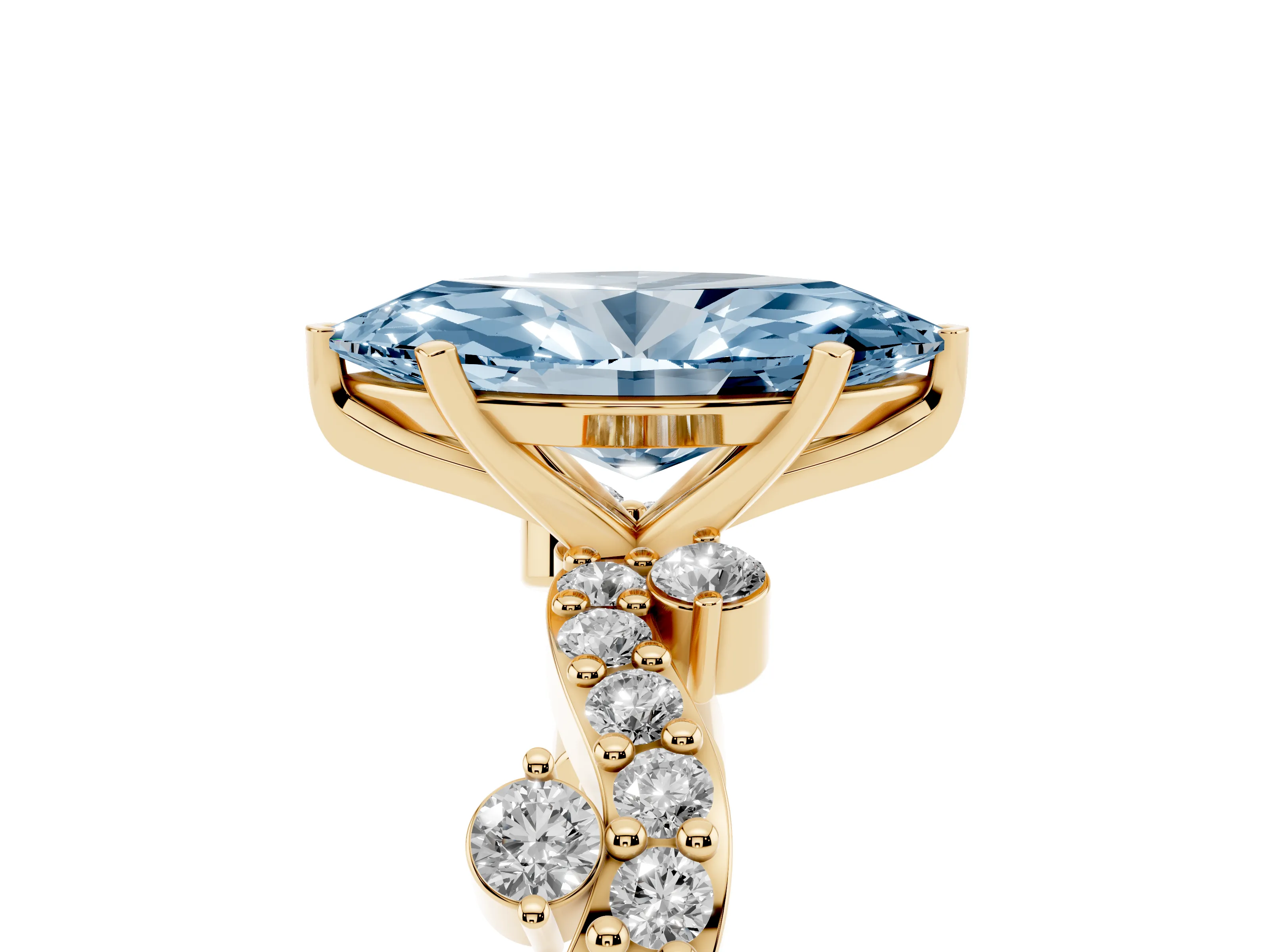 Fancy Blue Marquise Cut Diamond Solitaire Twisted Band Set in Yellow gold with Pavé Setting