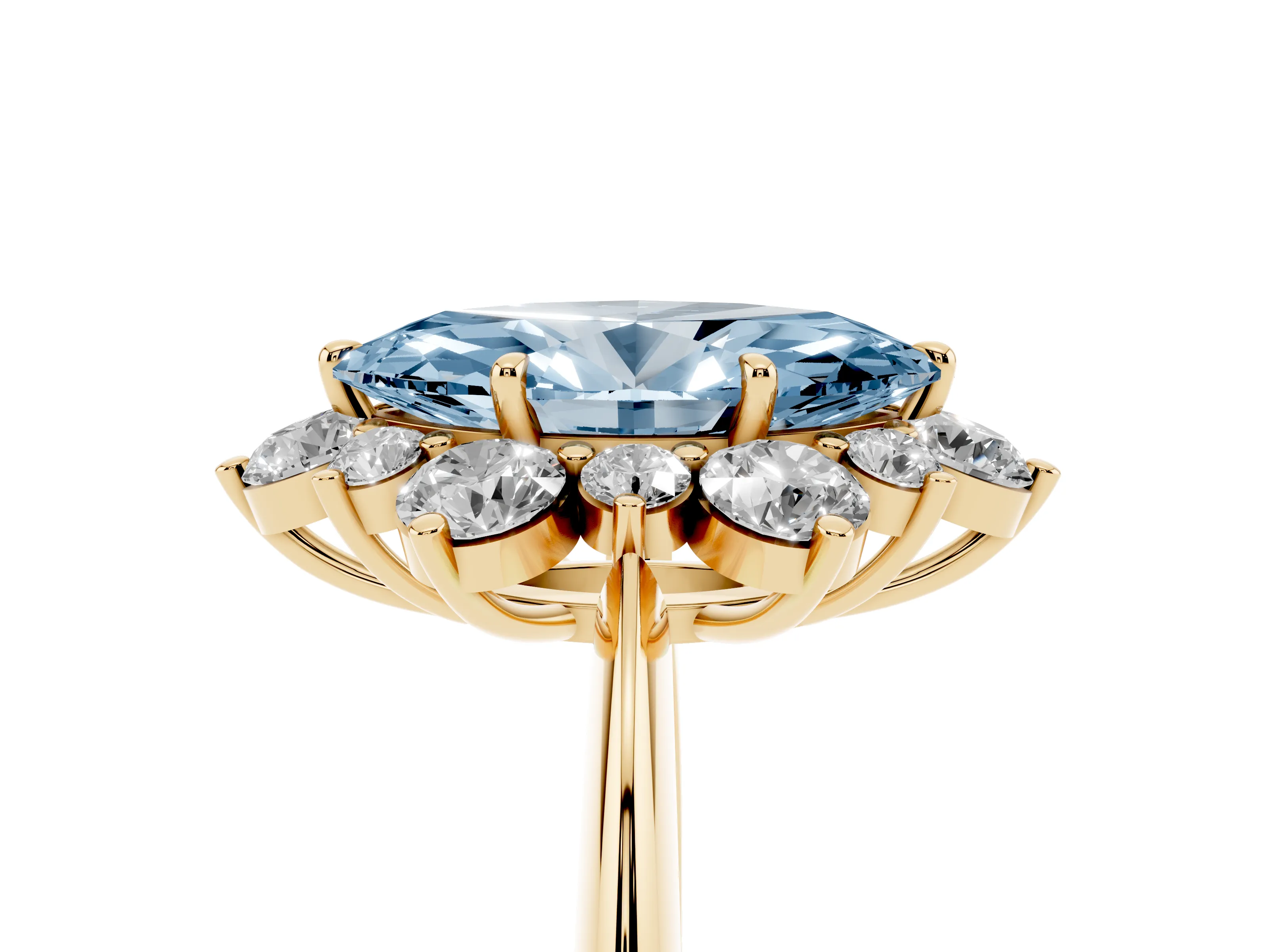 Fancy Blue Marquise Cut Diamond Cluster Halo Ring Set in Yellow gold with Solitaire Band and Prong Setting