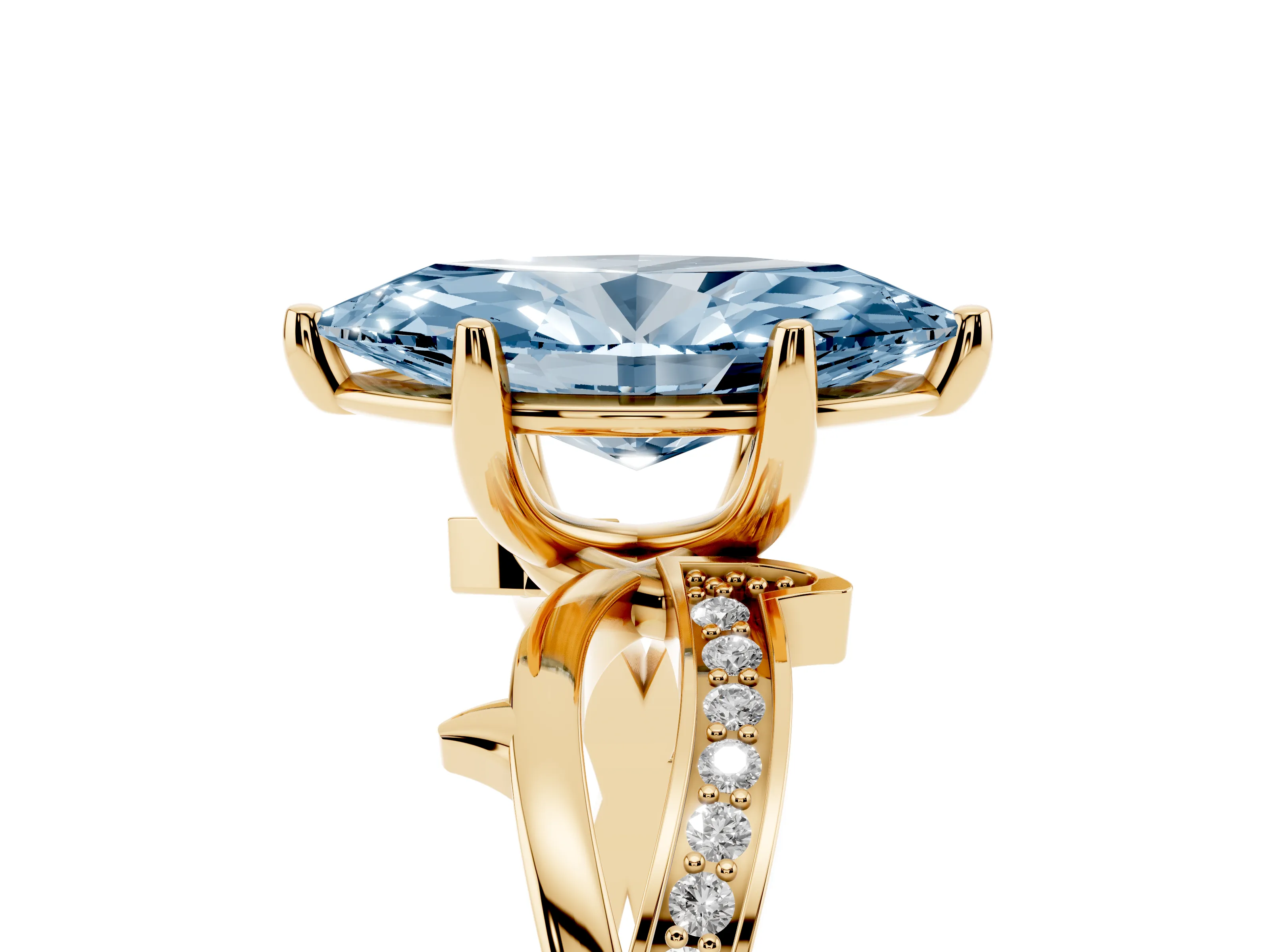 Fancy Blue Marquise Cut Diamond Pavé Twist Band Solitaire Ring Set in Yellow gold with Prong Setting