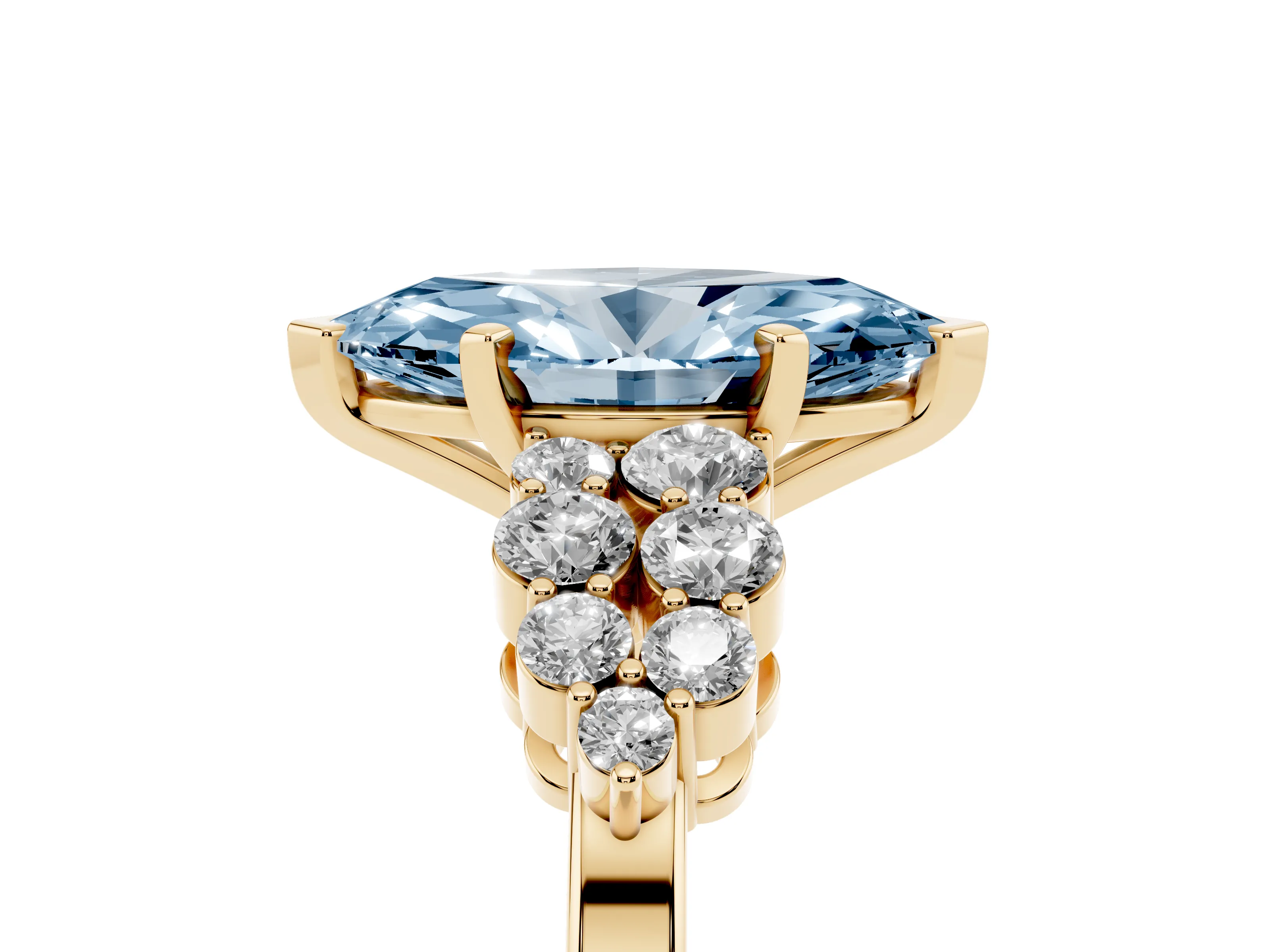 Fancy Blue Marquise Cut Diamond Cluster Engagement Ring Set in Yellow gold with Pavé Band and Prong Setting