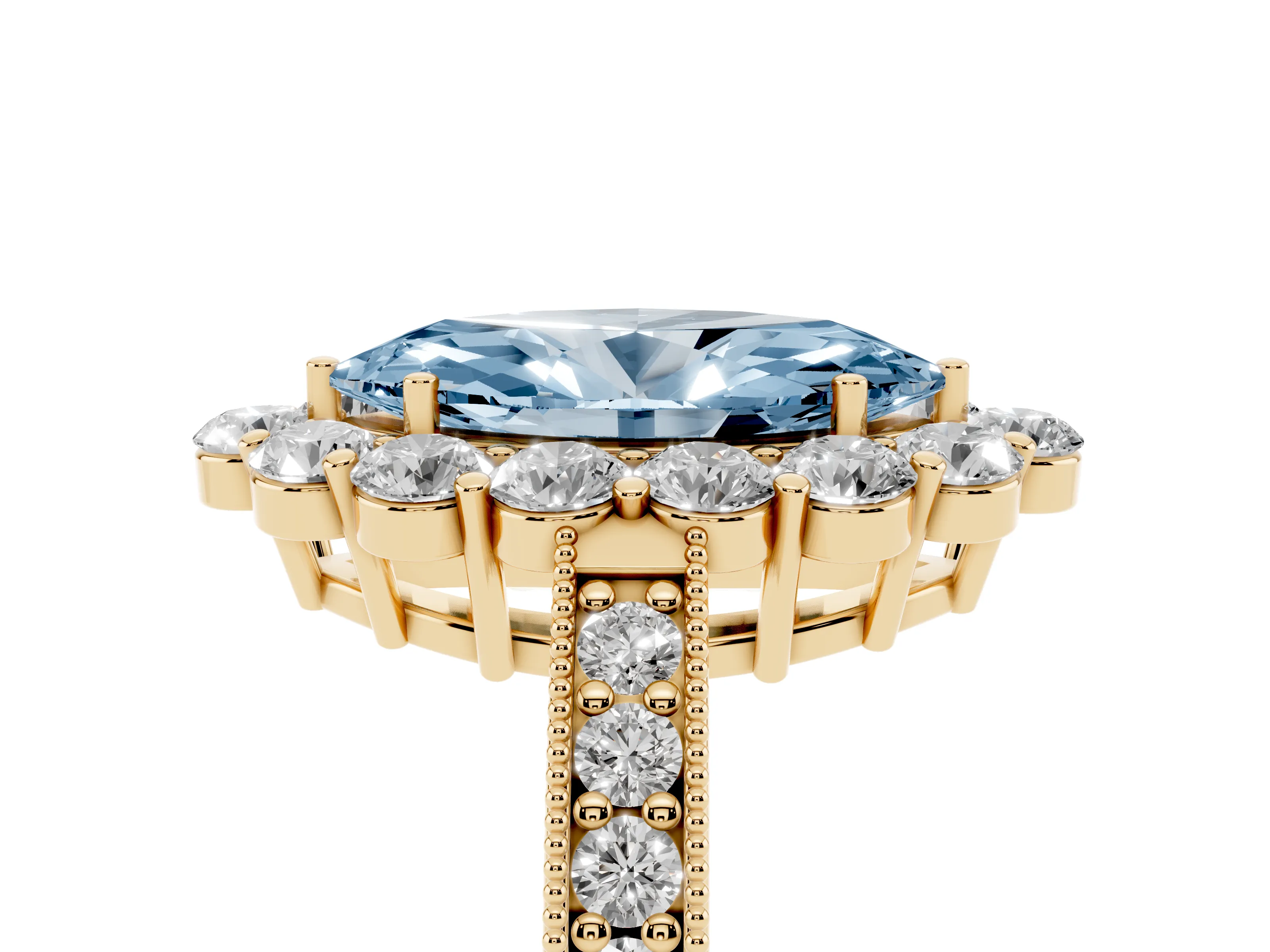 Fancy Blue Marquise Cut Diamond Halo Pavé Engagement Ring Set in Yellow gold with Milgrain Detailing