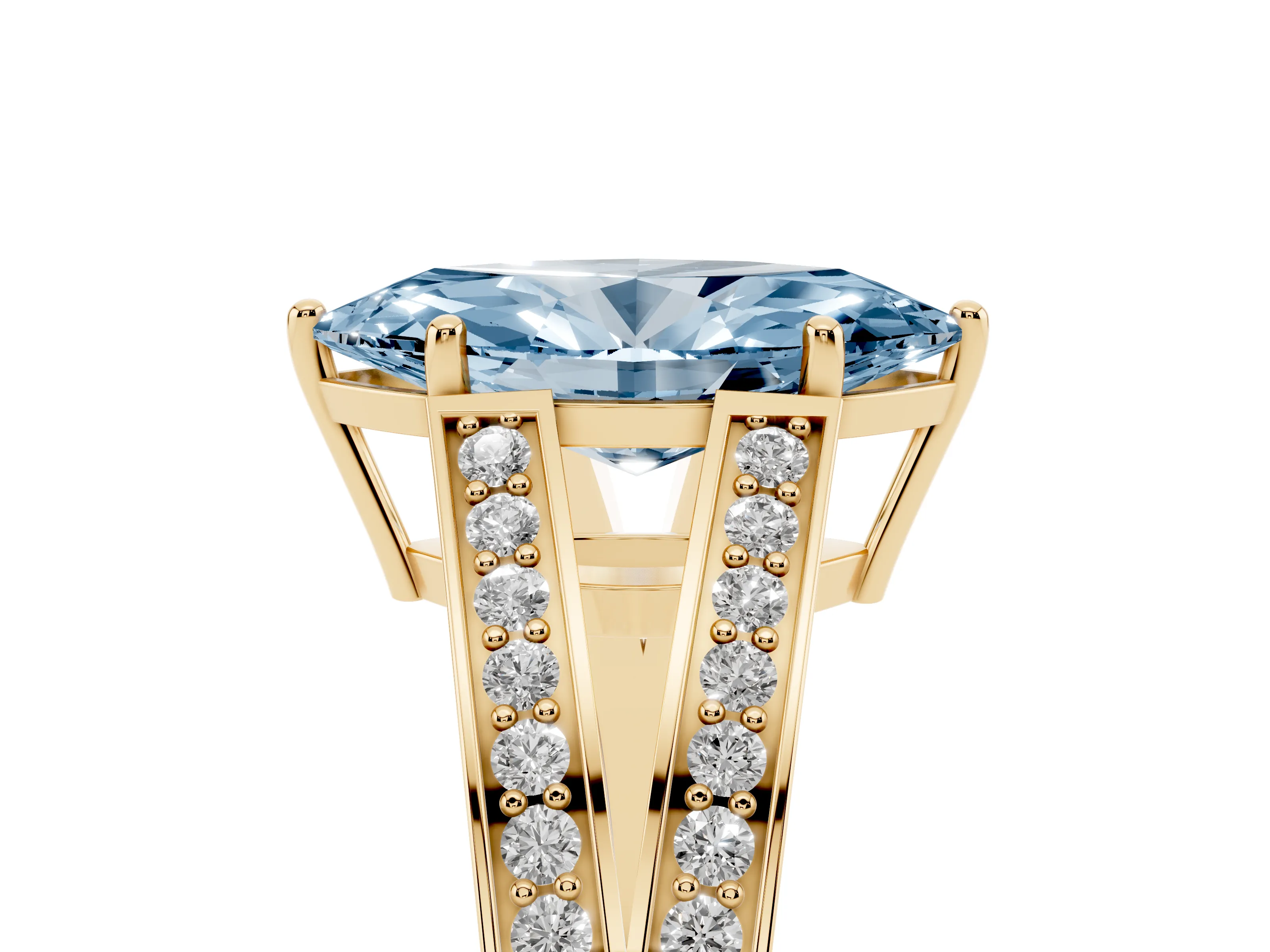 Fancy Blue Marquise Cut Diamond Split Shank Ring Set in Yellow gold with Pavé Band and Prong Setting
