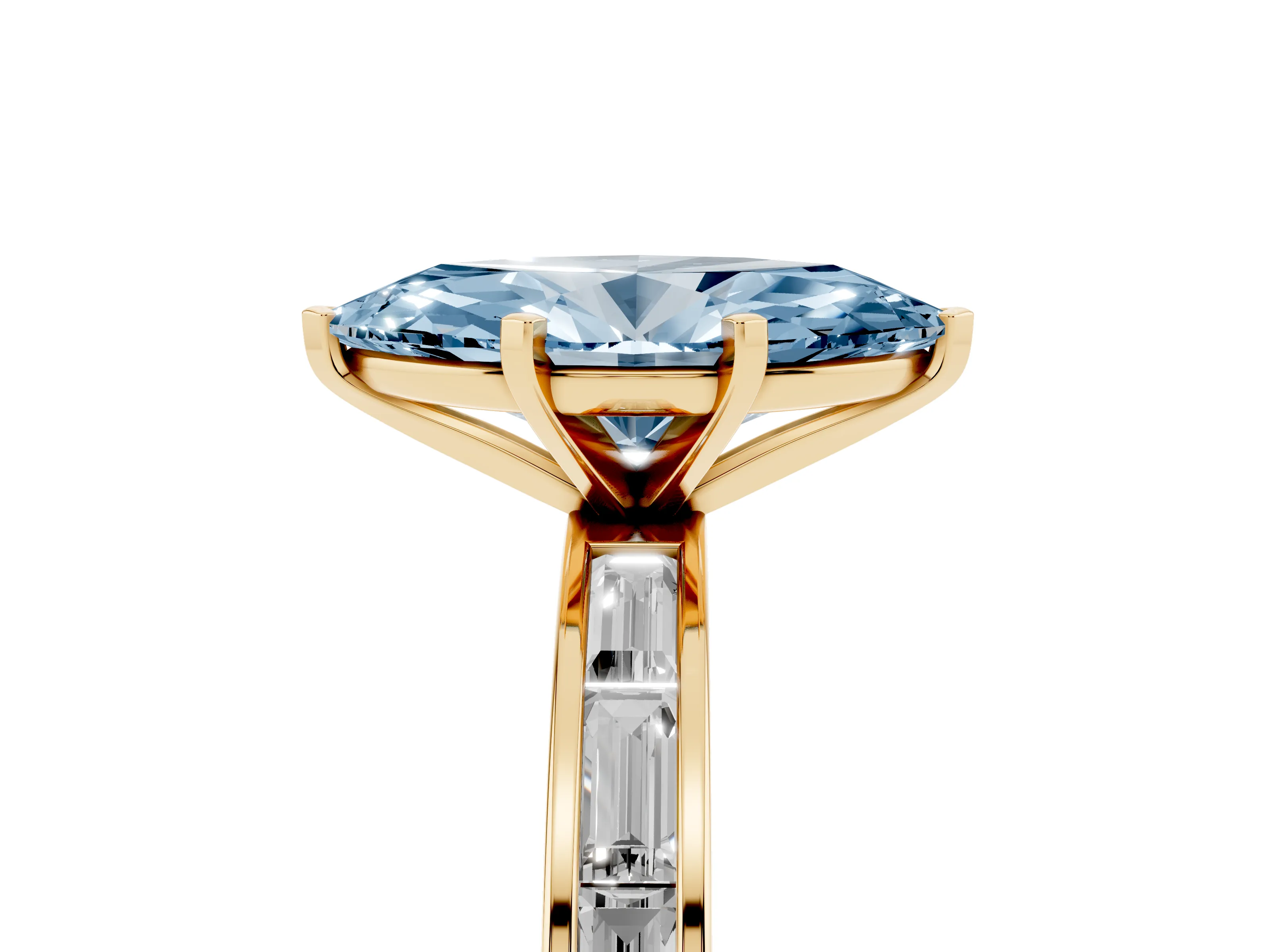 Fancy Blue Marquise Cut Diamond Solitaire Ring Set in Yellow gold with Channel-Set Baguette Band and Prong Setting
