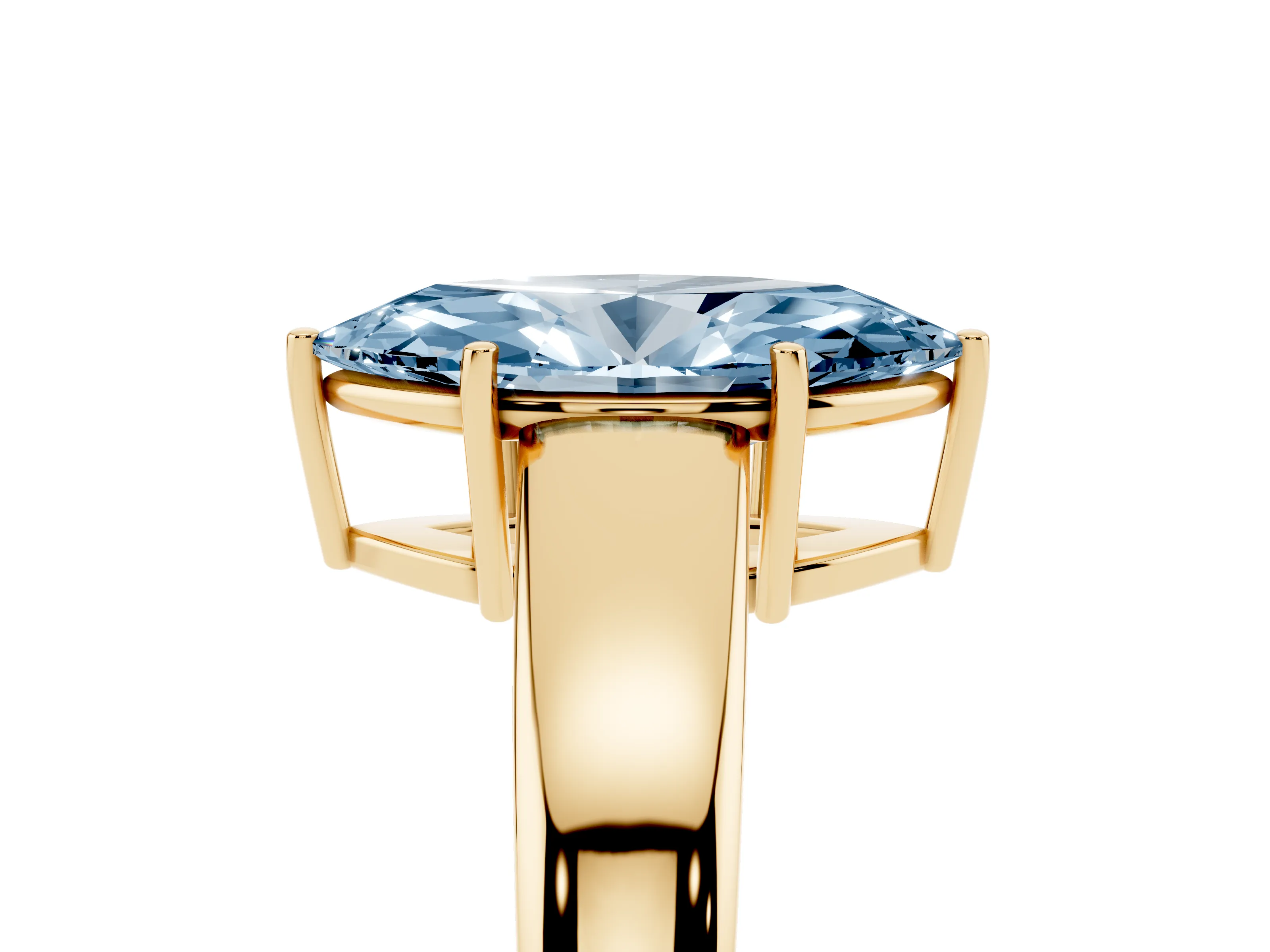Fancy Blue Marquise Cut Diamond Solitaire Ring Set in Yellow gold with Tapered Band and Prong Setting