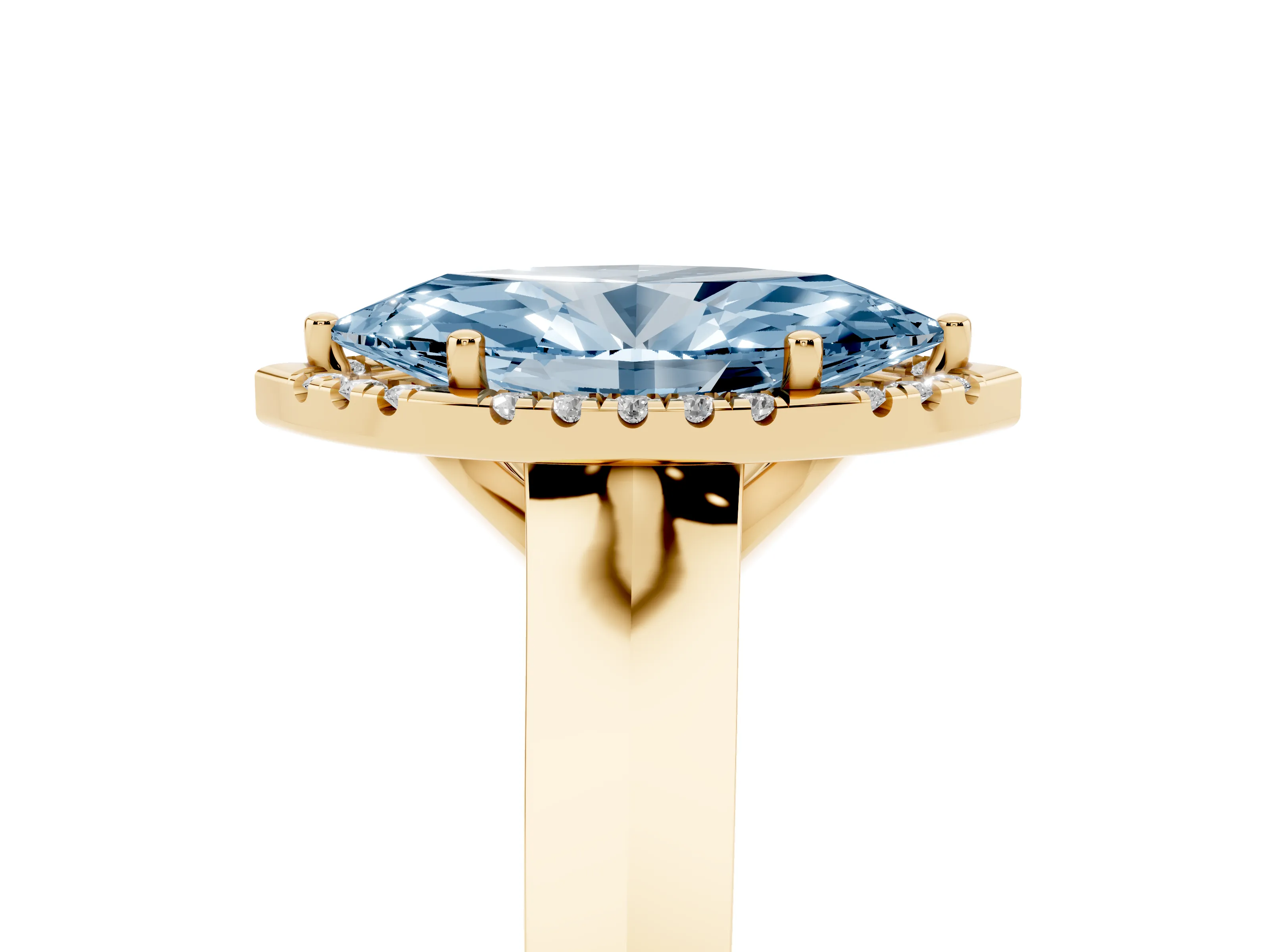 Fancy Blue Marquise Cut Diamond Halo Ring Set in Yellow gold with Cathedral Band and Prong Setting