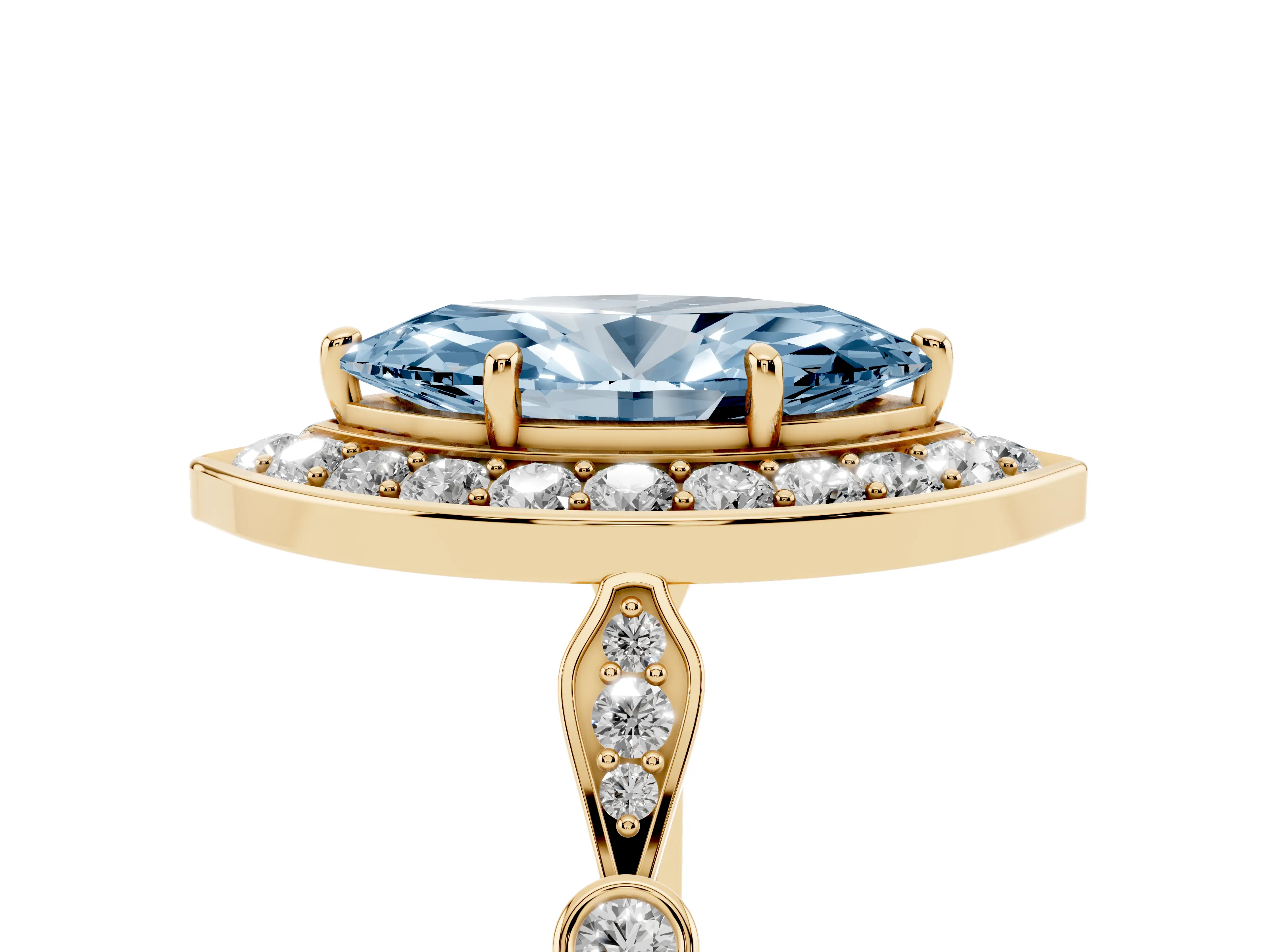 Fancy Blue Marquise Cut Diamond Halo Engagement Ring Set in Yellow gold with Twisted Band and Prong Setting