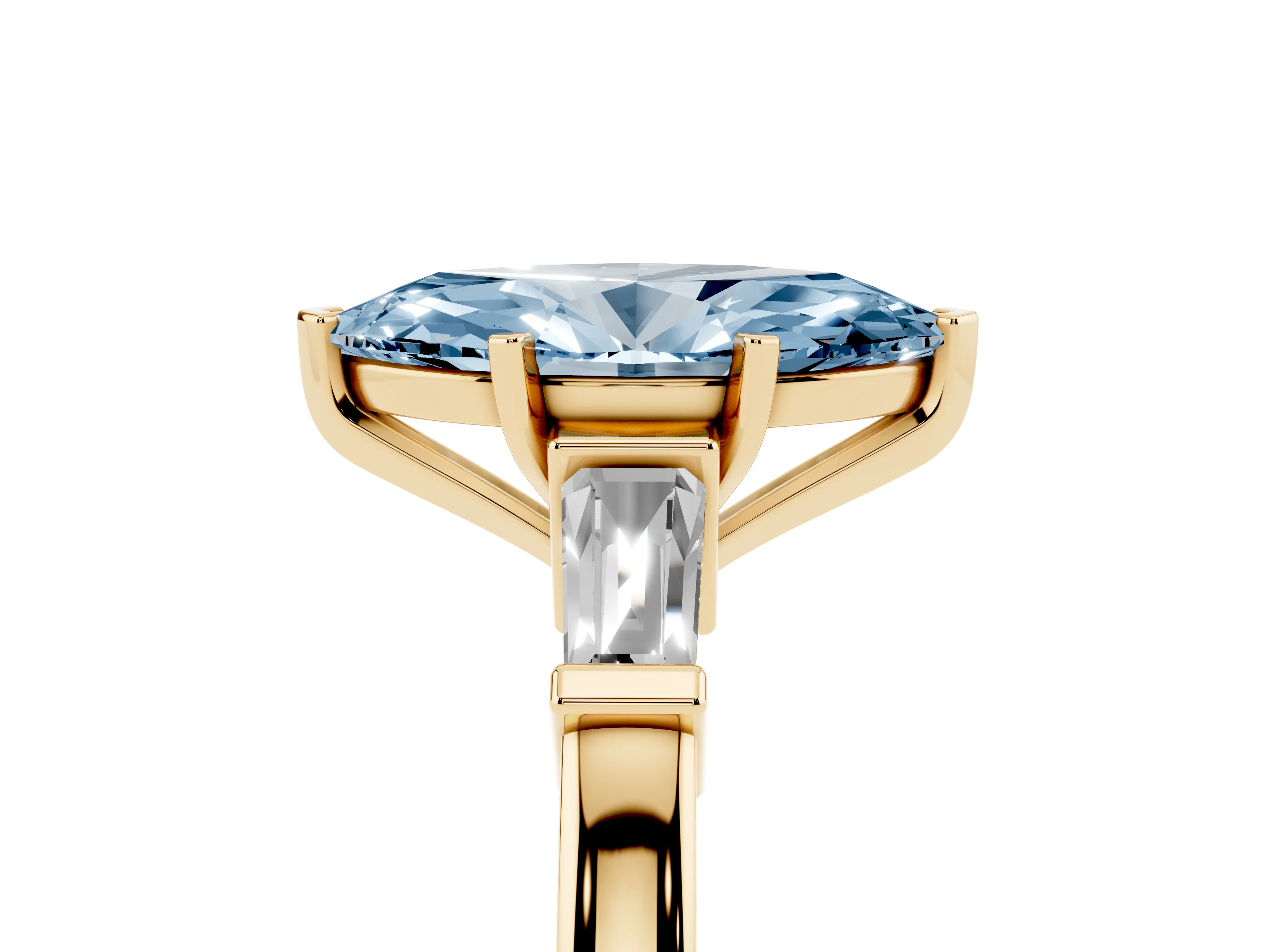 Fancy Blue Marquise Cut Diamond Solitaire Ring Set in Yellow gold with Tapered Baguette Accents and Prong Setting