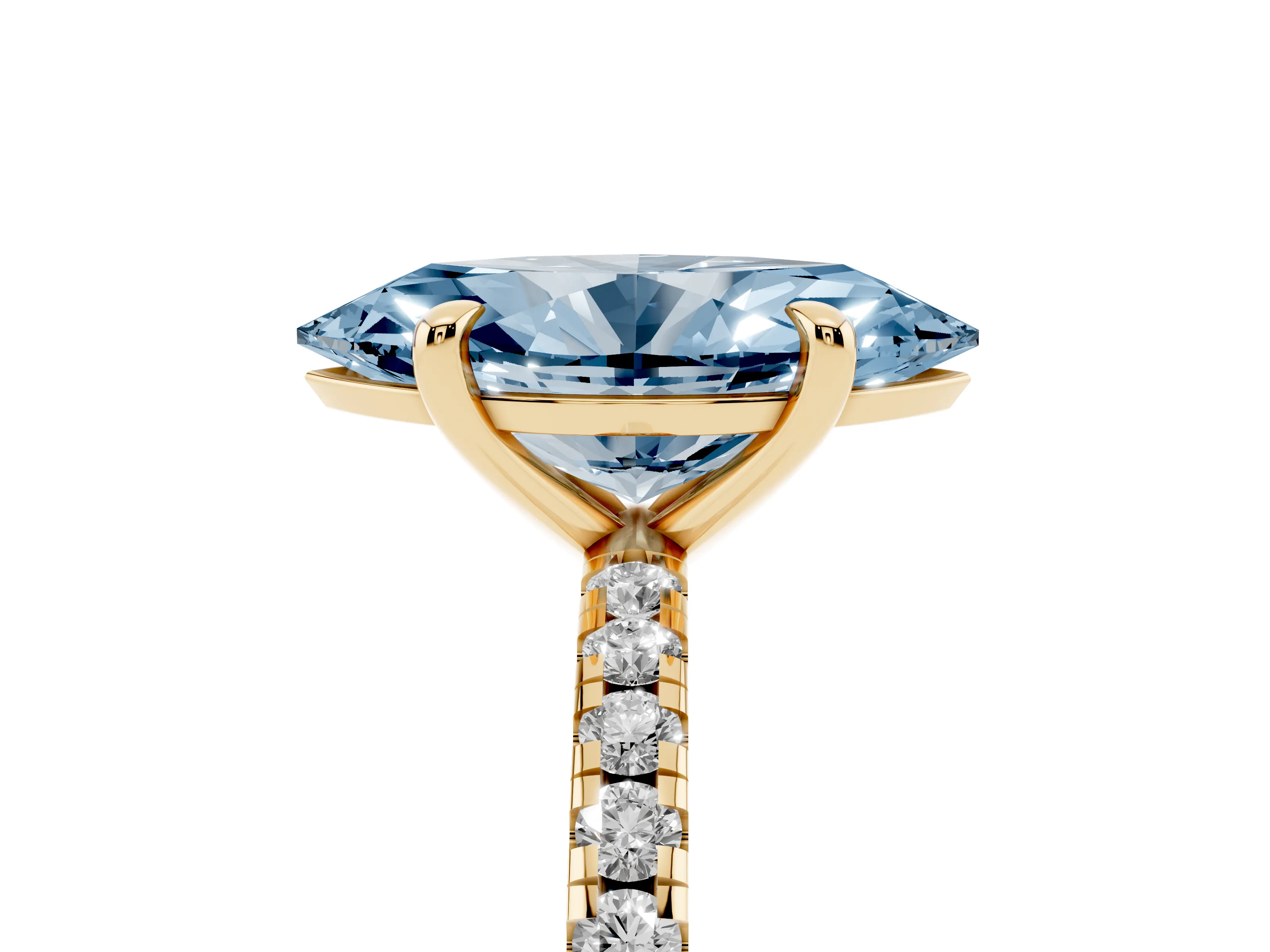 Fancy Blue Marquise Cut Diamond Brilliant Solitaire Ring Set in Yellow gold with Pavé Band and Prong Setting