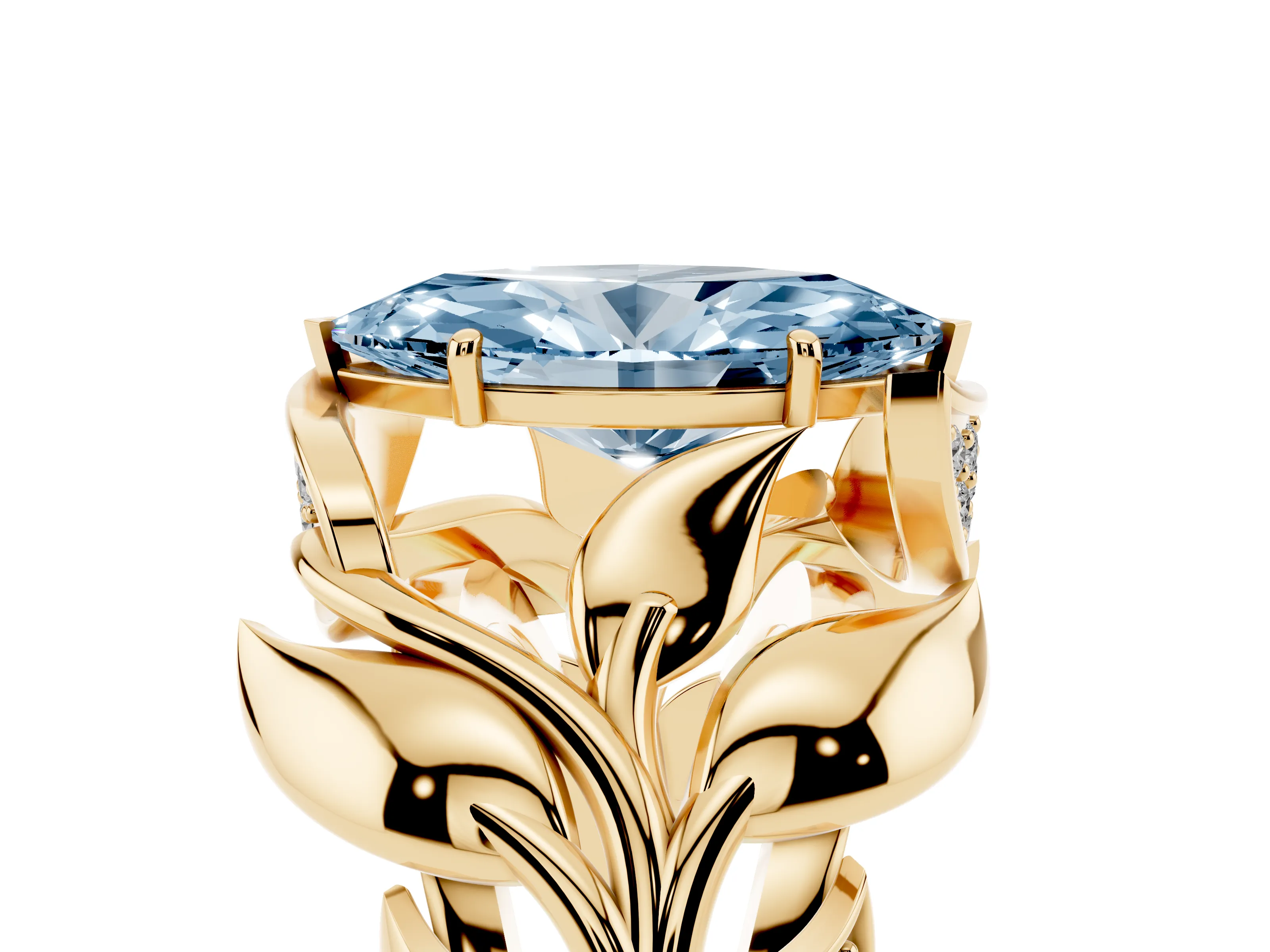 Fancy Blue Marquise Cut Diamond Leaf-Inspired Engagement Ring Set in Yellow gold with Round Accents