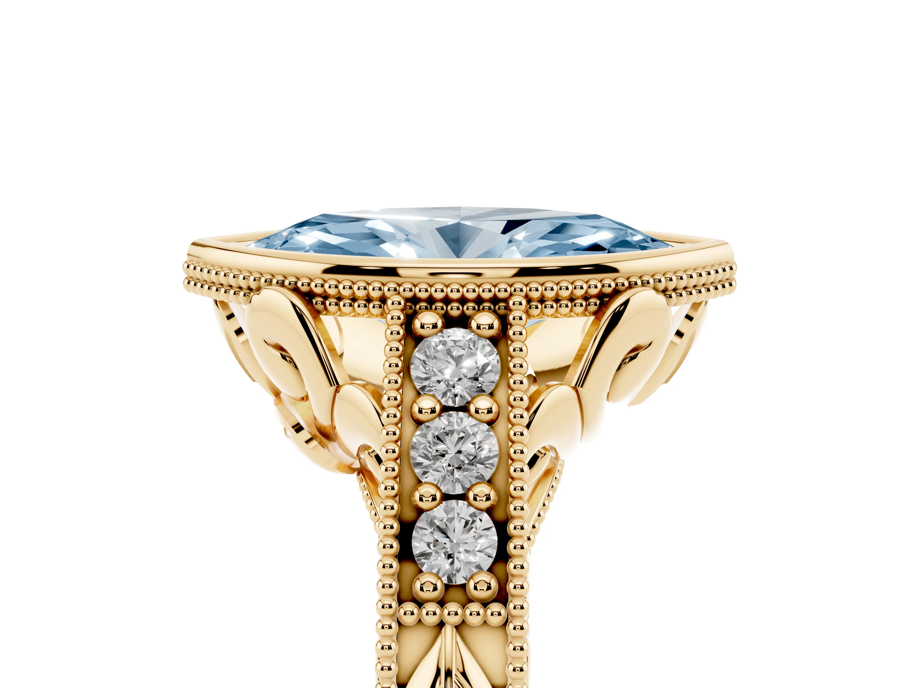Fancy Blue Bezel Set Marquise Cut Diamond Milgrain Pavé Engagement Ring Set in Yellow gold