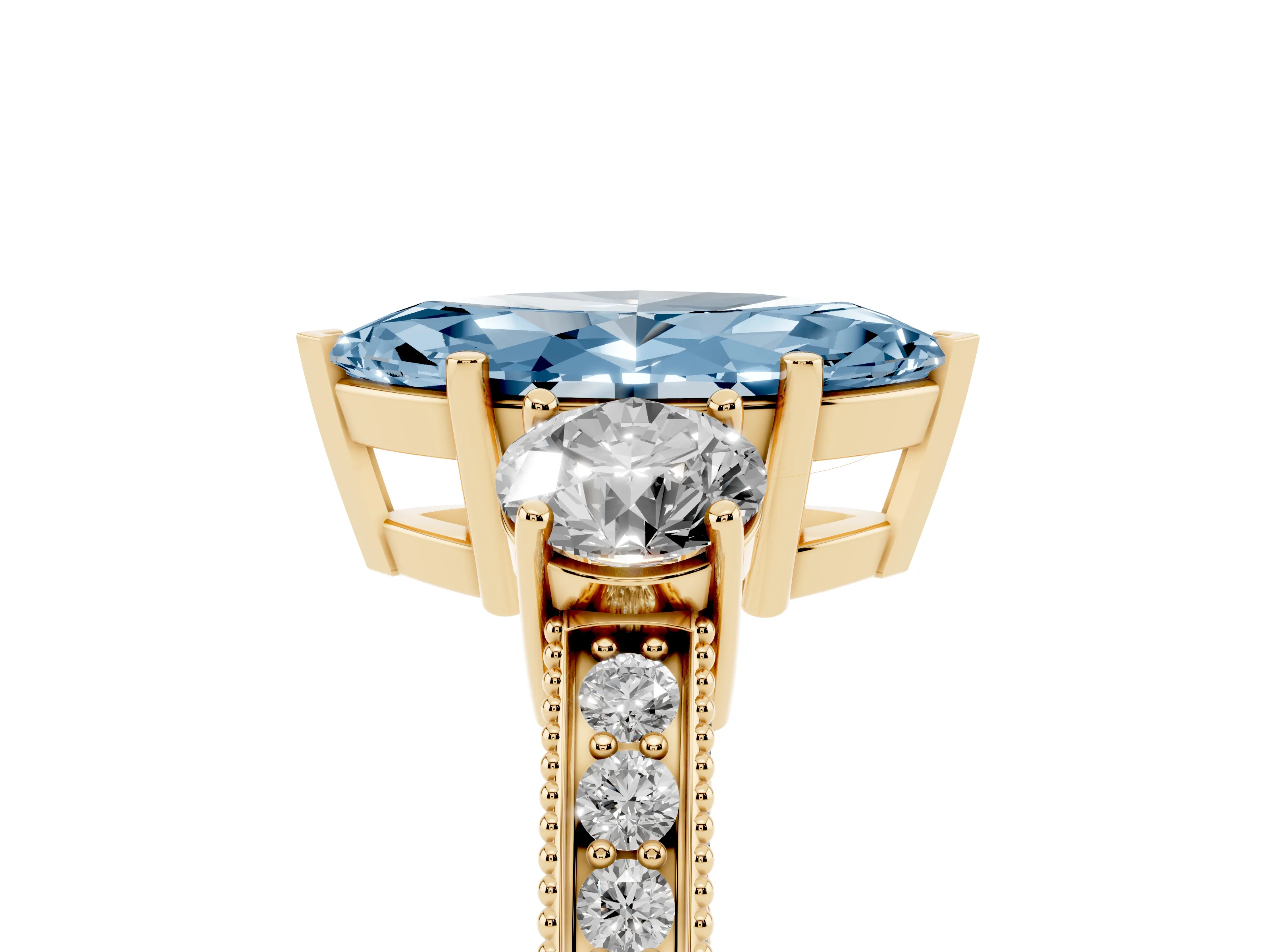 Fancy Blue Marquise Cut Diamond Three-Stone Ring Set in Yellow gold with Round Side Stones and Pavé Band