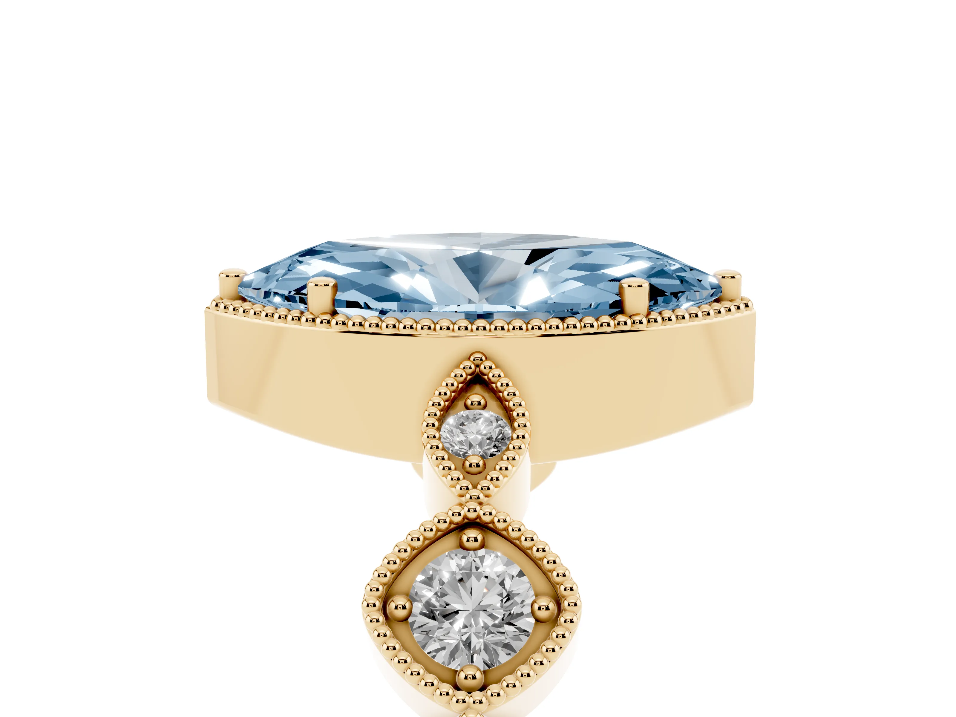 Fancy Blue Marquise Cut Diamond Vintage-Inspired Milgrain Ring Set in Yellow gold with Marquise Stations of Round Accents