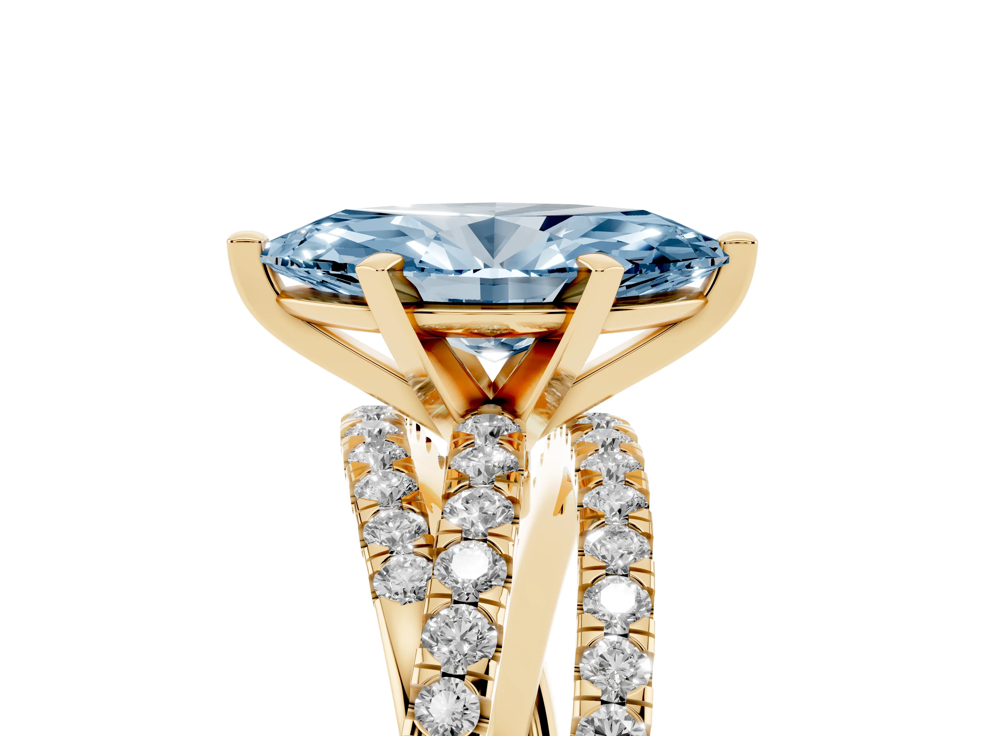 Fancy Blue Marquise Cut Diamond Solitaire Twist Band Ring Set in Yellow gold with Pavé Setting and Prong Head