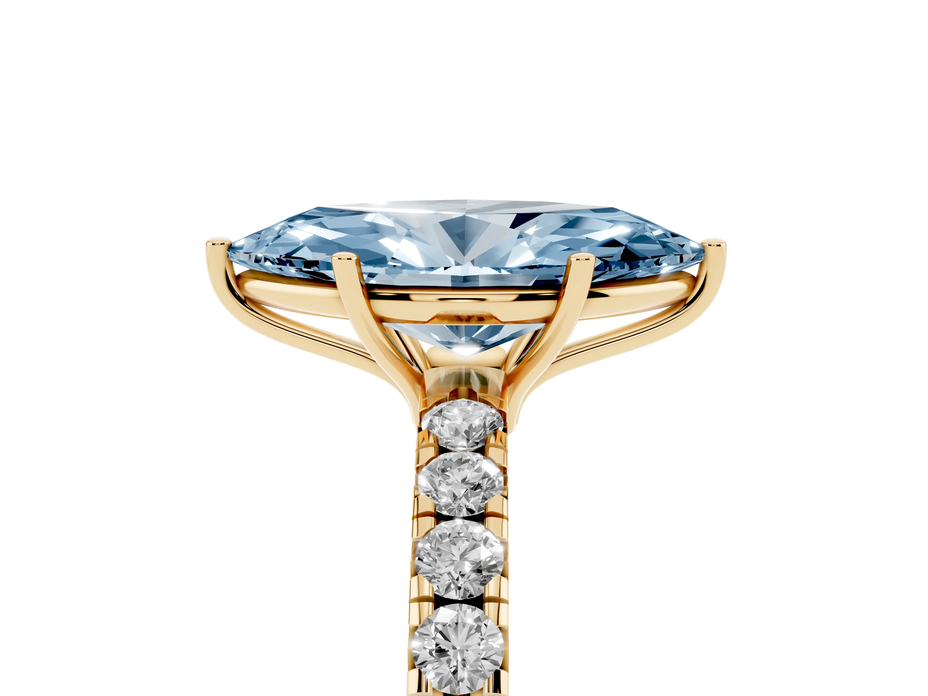 Fancy Blue Marquise Cut Diamond Pavé Solitaire Engagement Ring Set in Yellow gold with Prong Setting