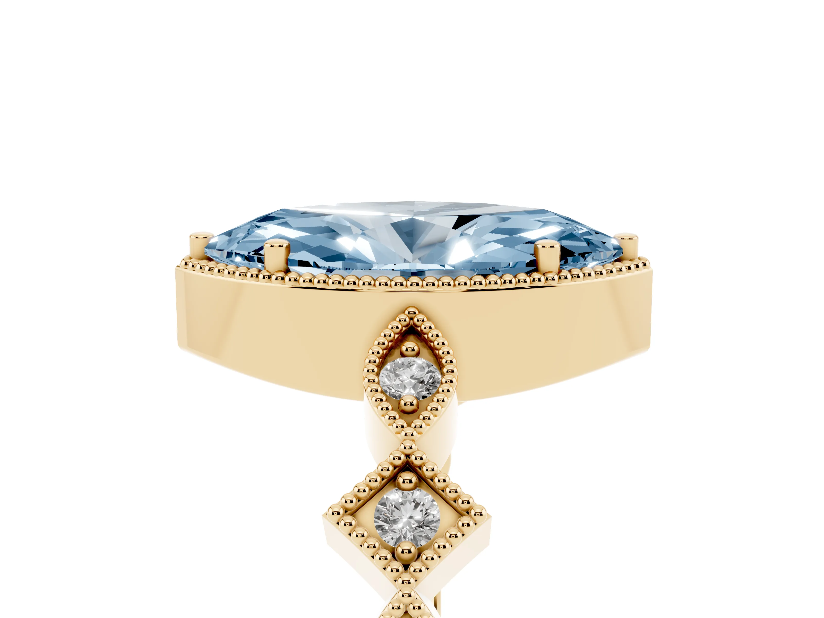 Fancy Blue Marquise Cut Diamond Milgrain Marquise Twist Band Ring Set in Yellow gold with Prong Setting