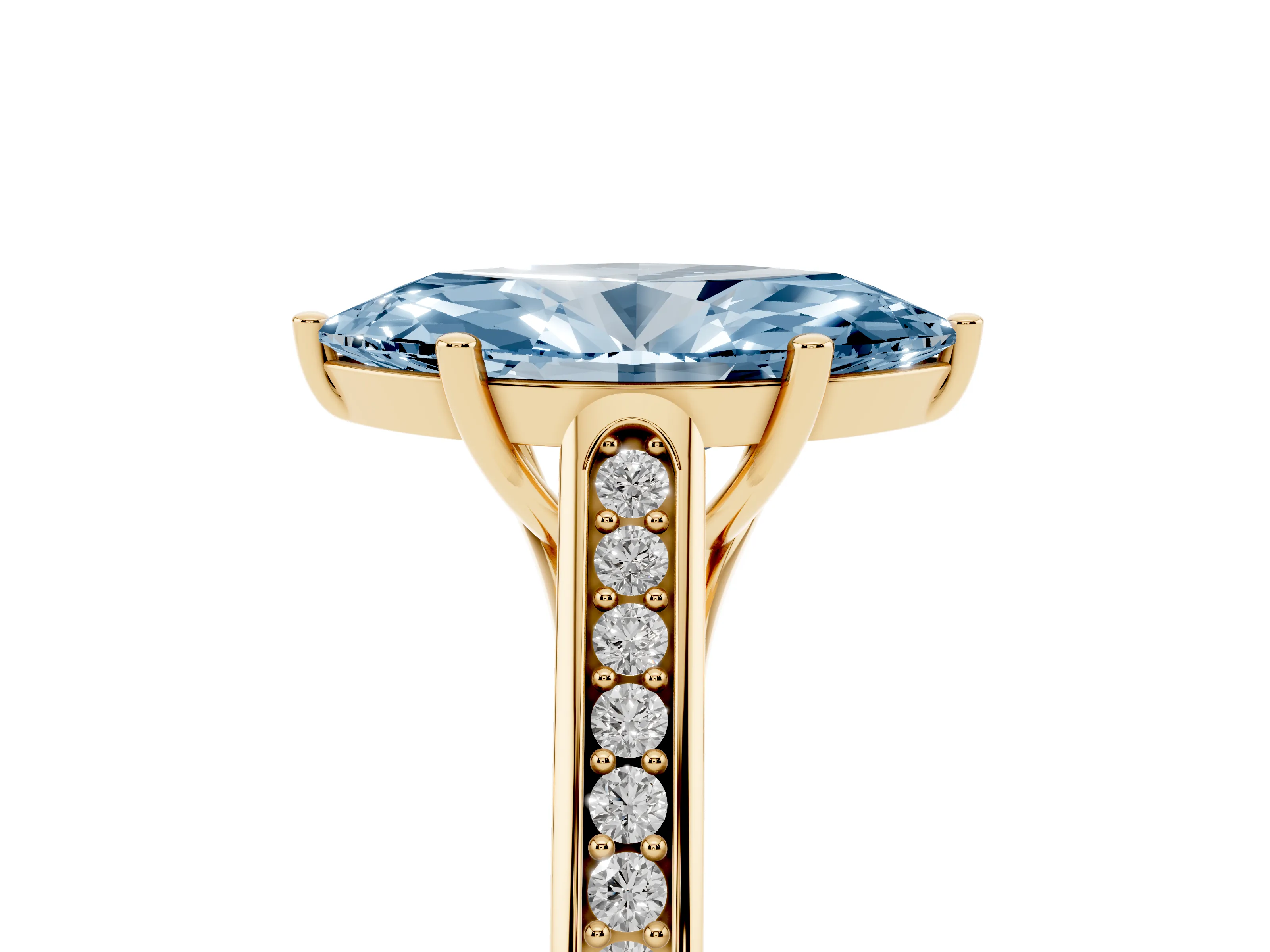Fancy Blue Marquise Cut Diamond Solitaire Cathedral Engagement Ring Set in Yellow gold with Channel-Set Band and Prong Setting