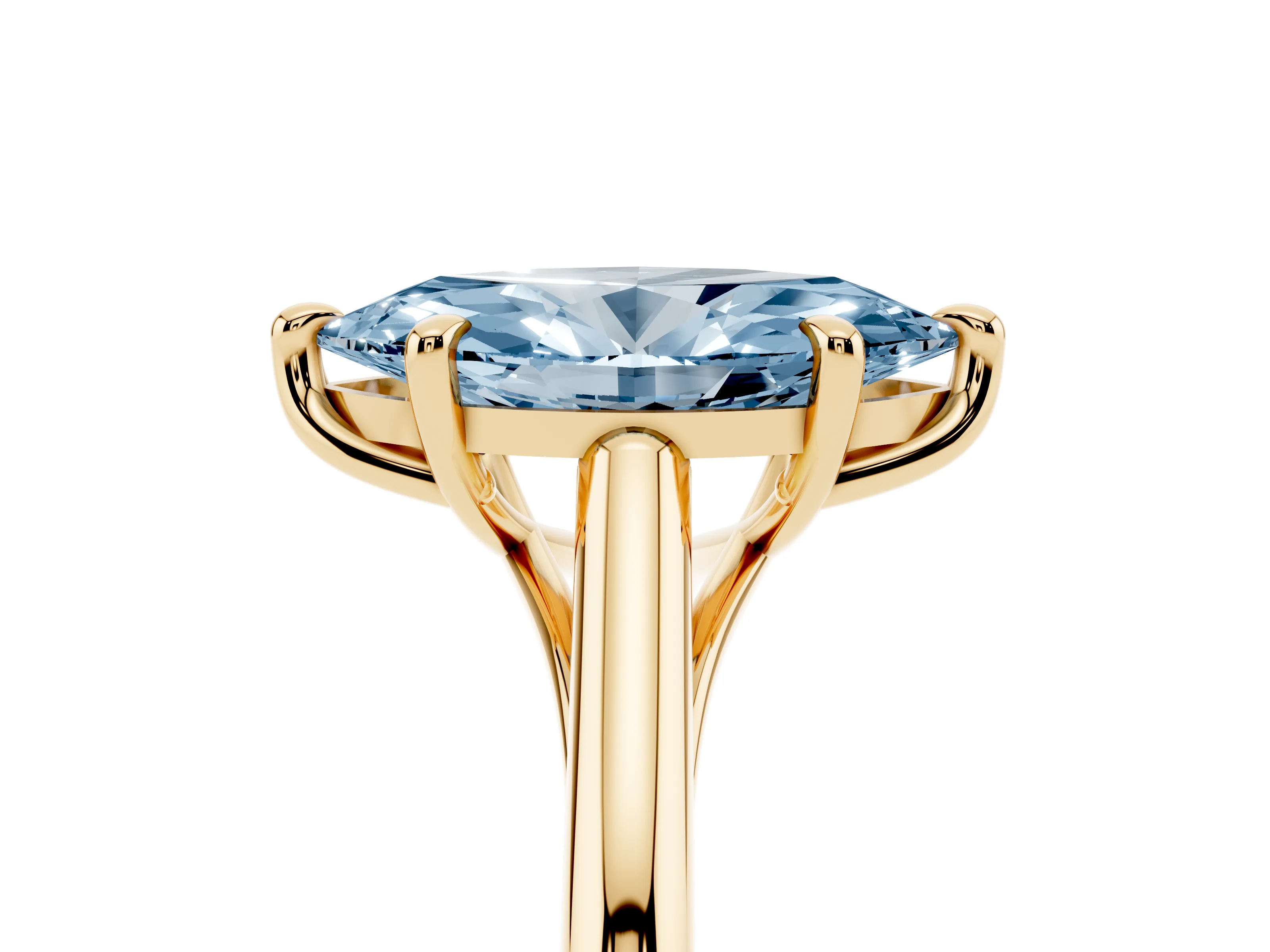 Fancy Blue Marquise Cut Diamond Solitaire Engagement Ring Set in Yellow gold with Prong Setting and Plain Classic Band
