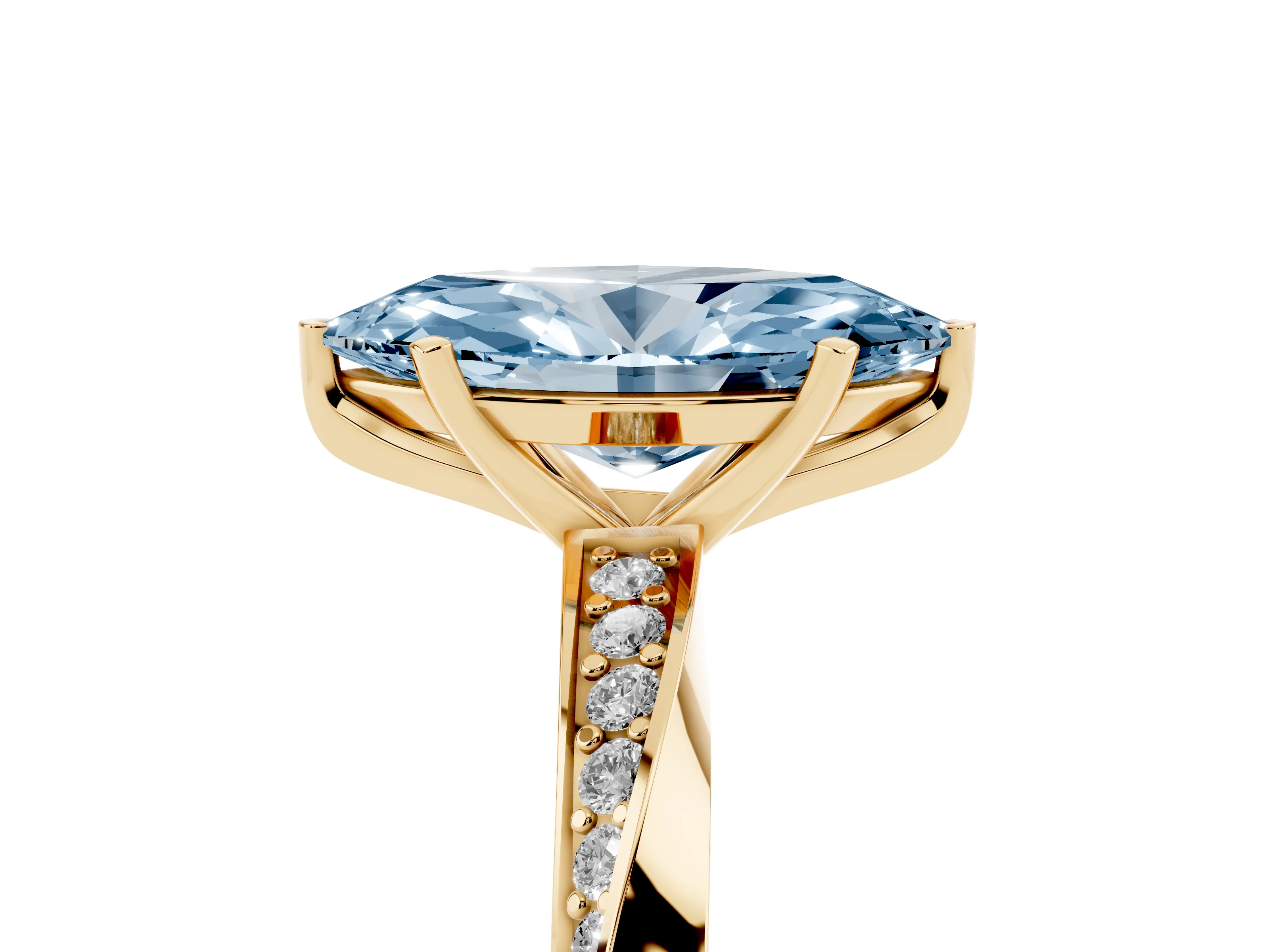 Fancy Blue Marquise Cut Diamond Engagement Ring Set in Yellow gold with Side Stone Accents and Prong Setting