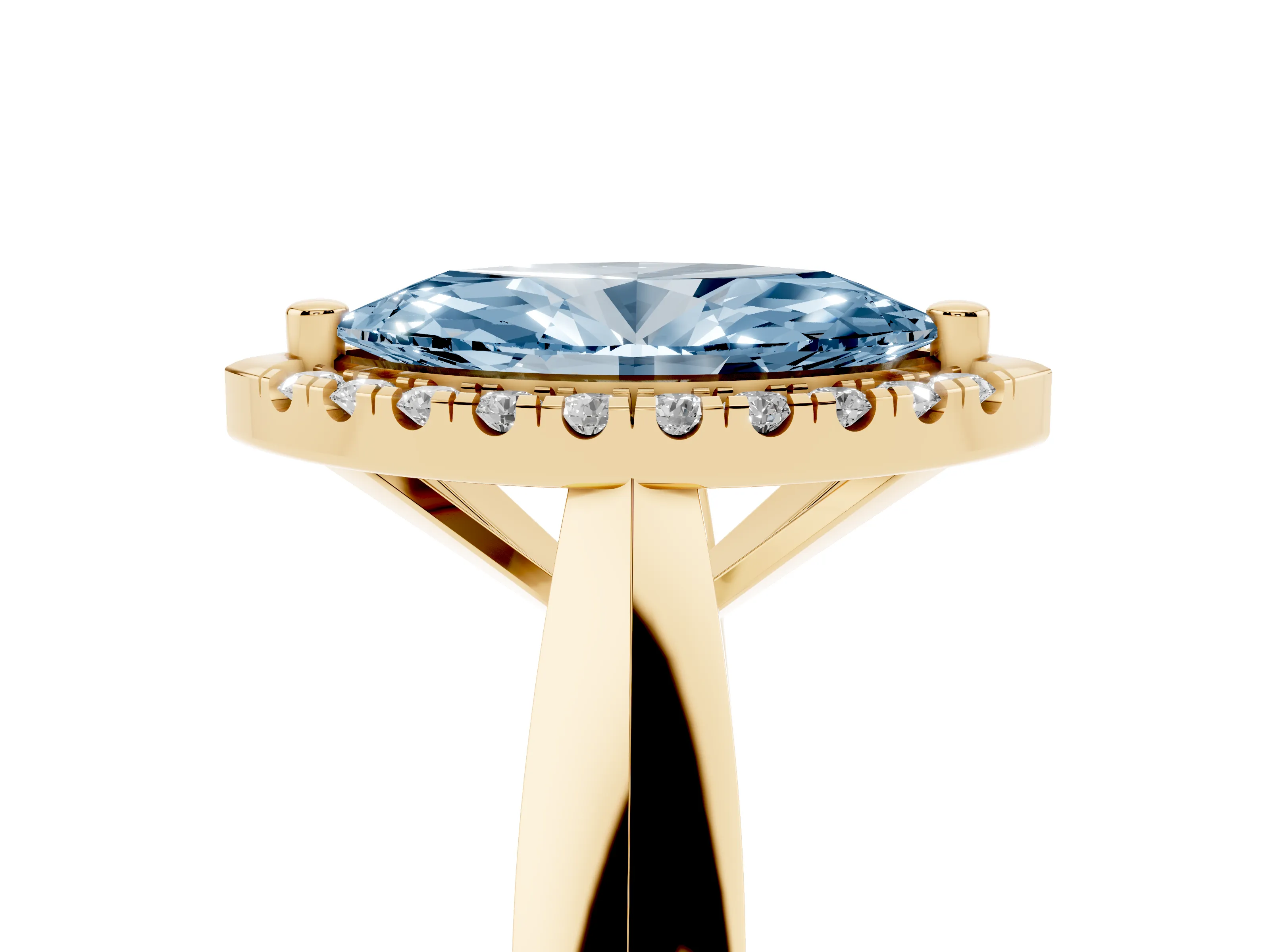 Fancy Blue Marquise Cut Diamond Halo Solitaire Engagement Ring Set in Yellow gold with Square Band and Prong Setting