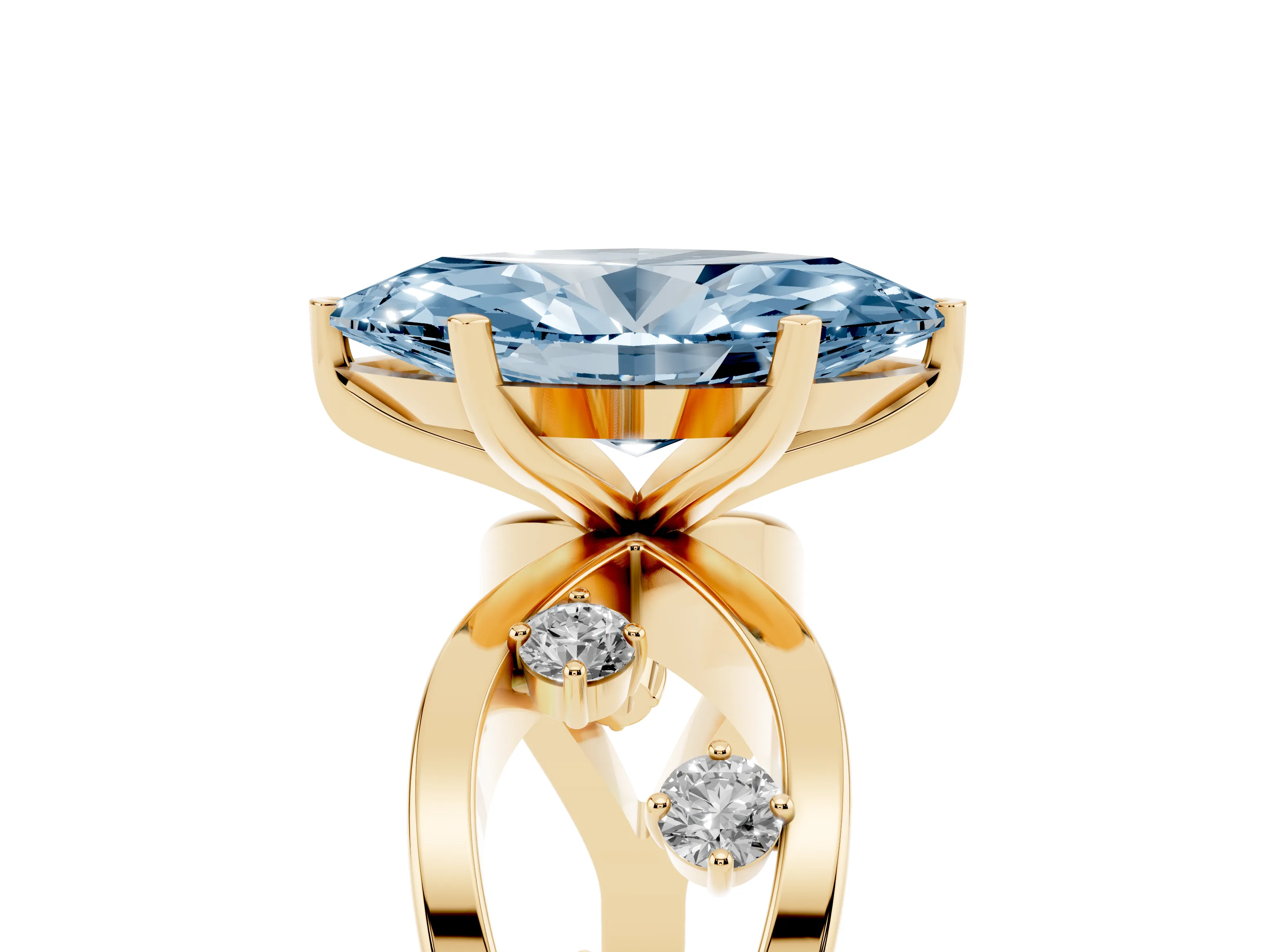 Fancy Blue Marquise Cut Diamond Solitaire Ring Set in Yellow gold with Side Stones on Criss-Cross Band and Prong Setting