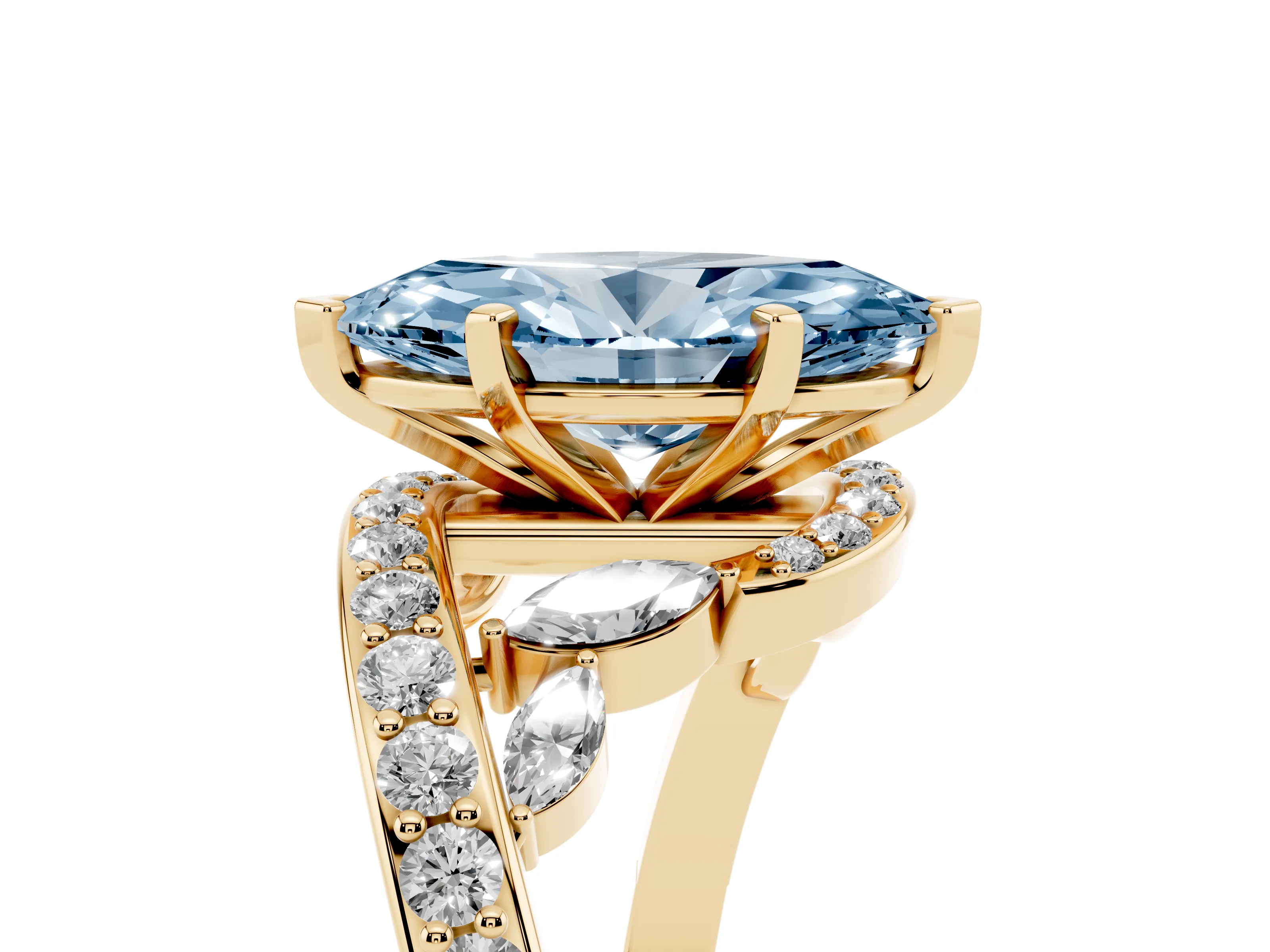 Fancy Blue Marquise Cut Diamond Solitaire Ring Set in Yellow gold with Pavé Twist Band and Secure Prong Setting