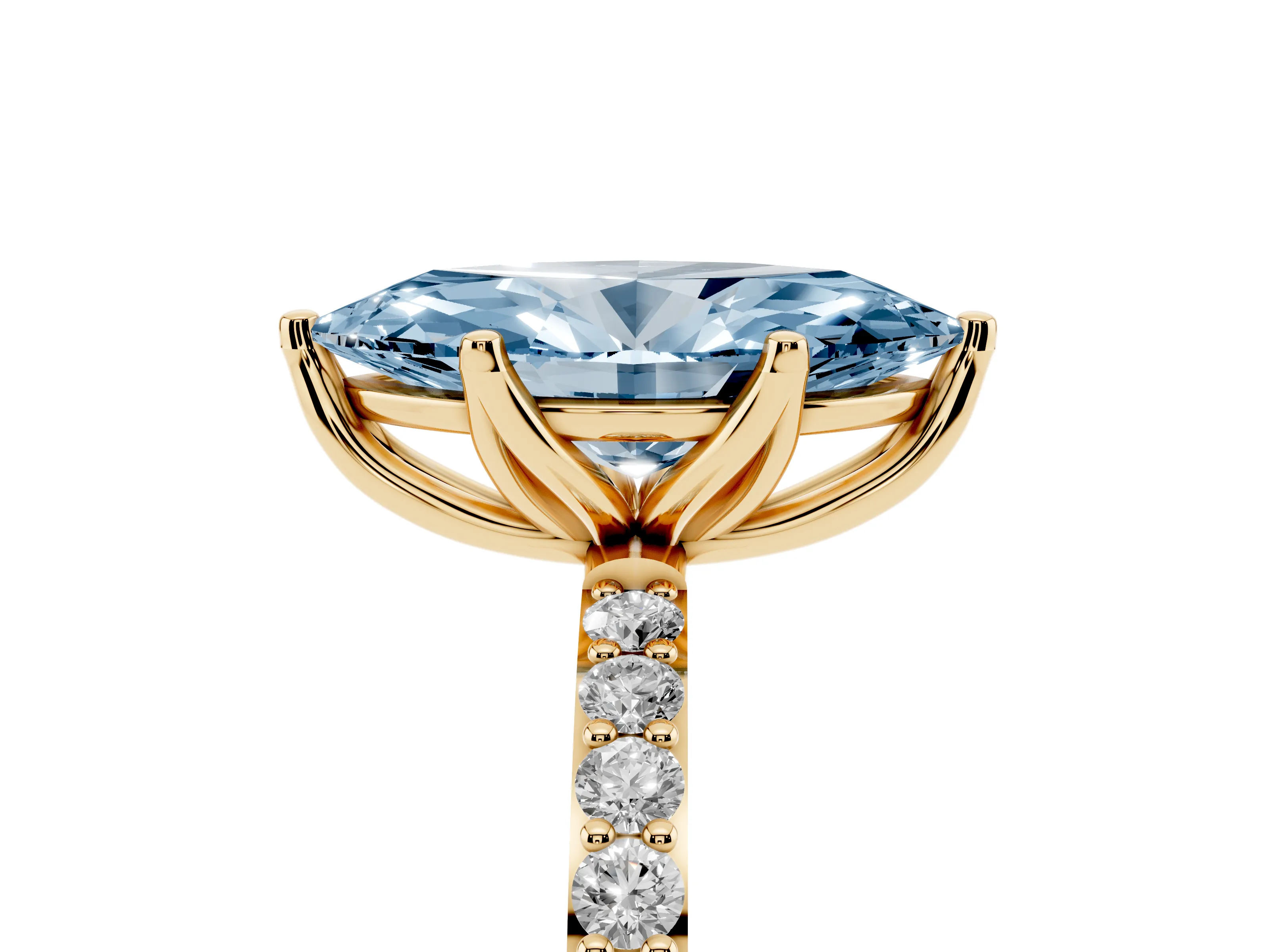 Fancy Blue Marquise Cut Diamond Solitaire Engagement Ring Set in Yellow gold with Round Pavé Band and Prong Setting