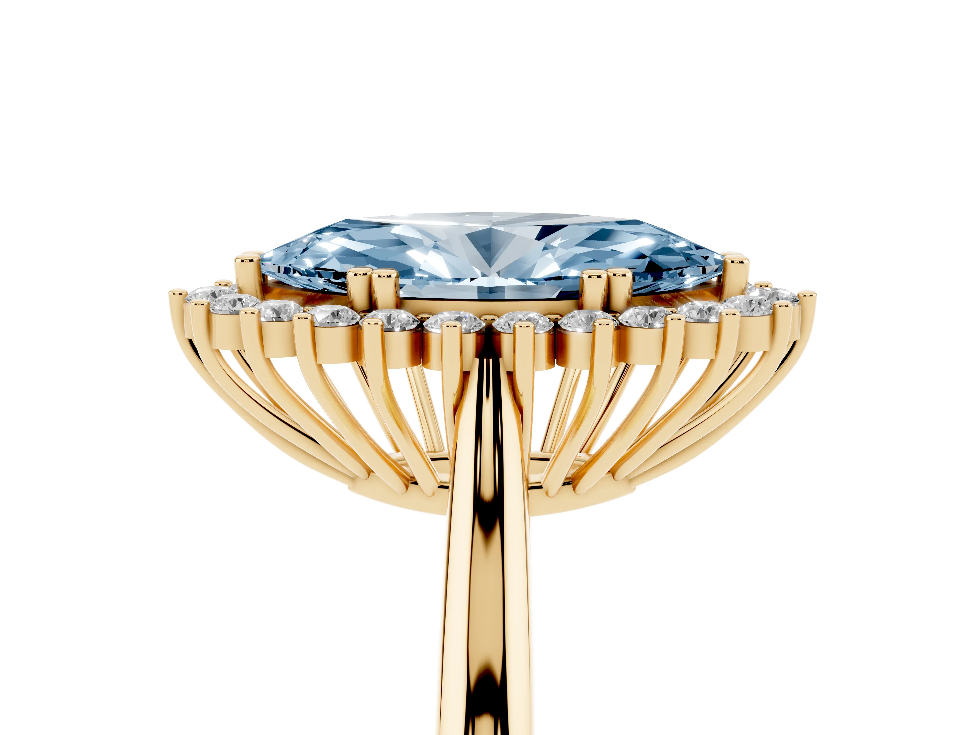 Fancy Blue Marquise Cut Diamond Halo Ring Set in Yellow gold with Plain Solitaire Band and Prong Setting