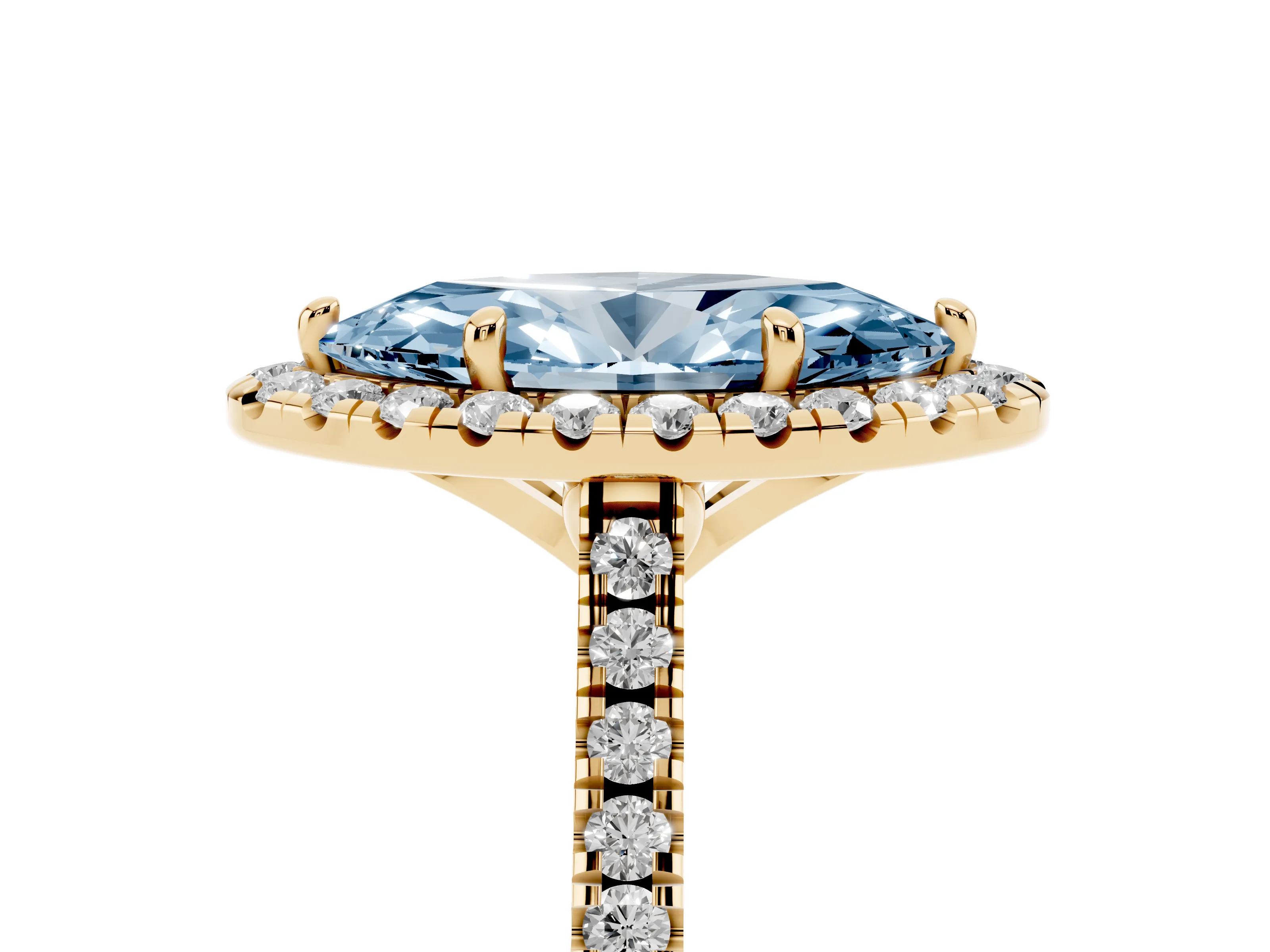 Fancy Blue Marquise Cut Diamond Cushion Halo Ring Set in Yellow gold with Pavé Band