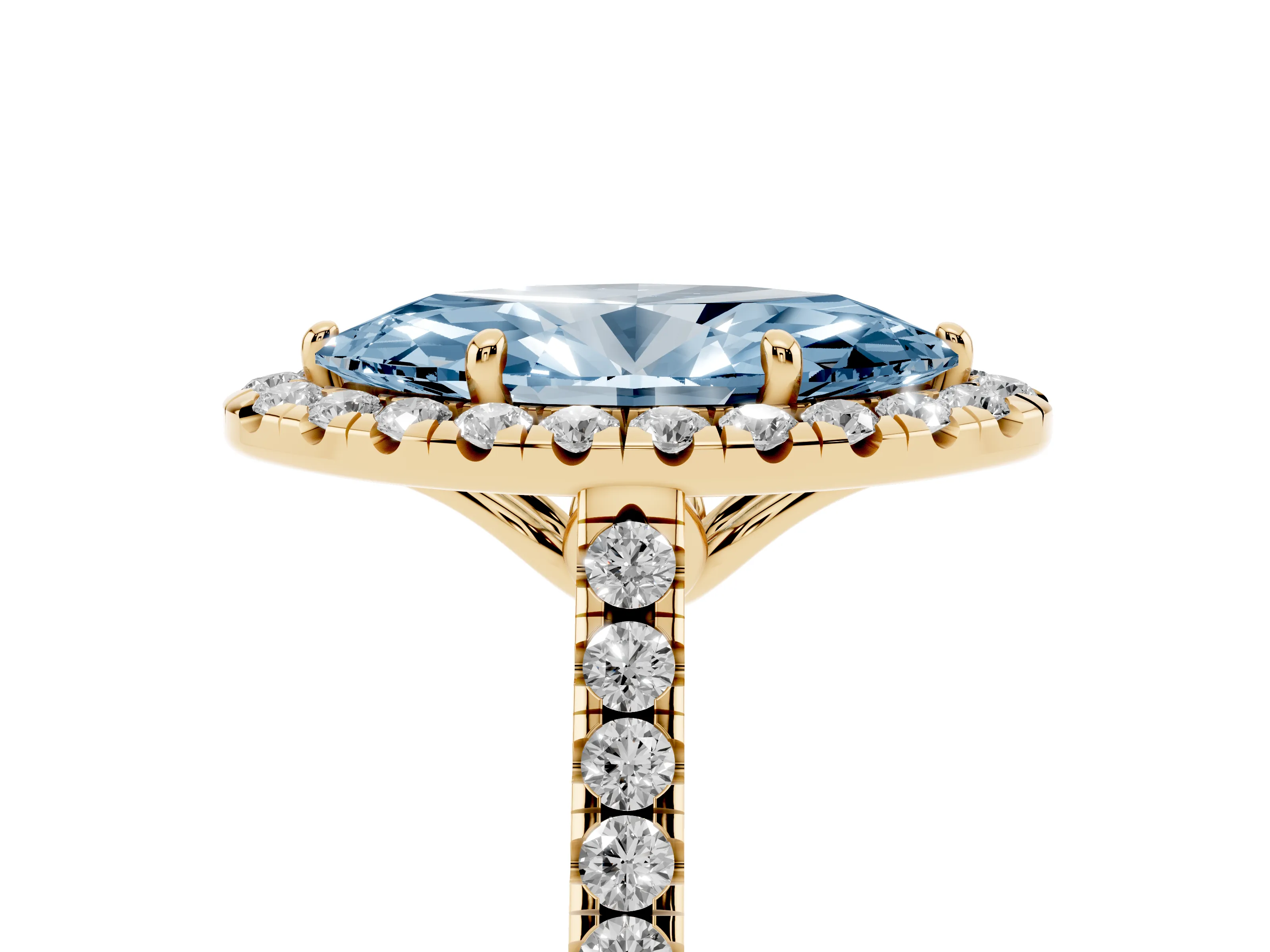 Fancy Blue Marquise Cut Diamond Pavé Halo Engagement Ring Set in Yellow gold with Pavé Band and Prong Setting