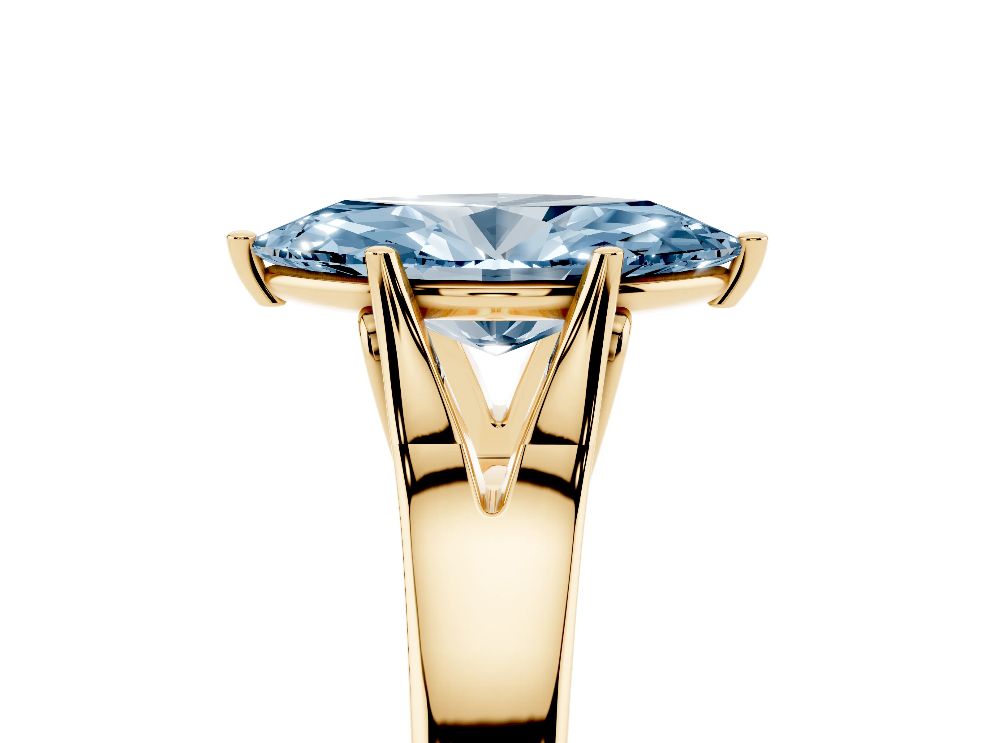 Fancy Blue Marquise Cut Diamond Solitaire Ring Set in Yellow gold with Arched Cathedral Band and Prong Setting