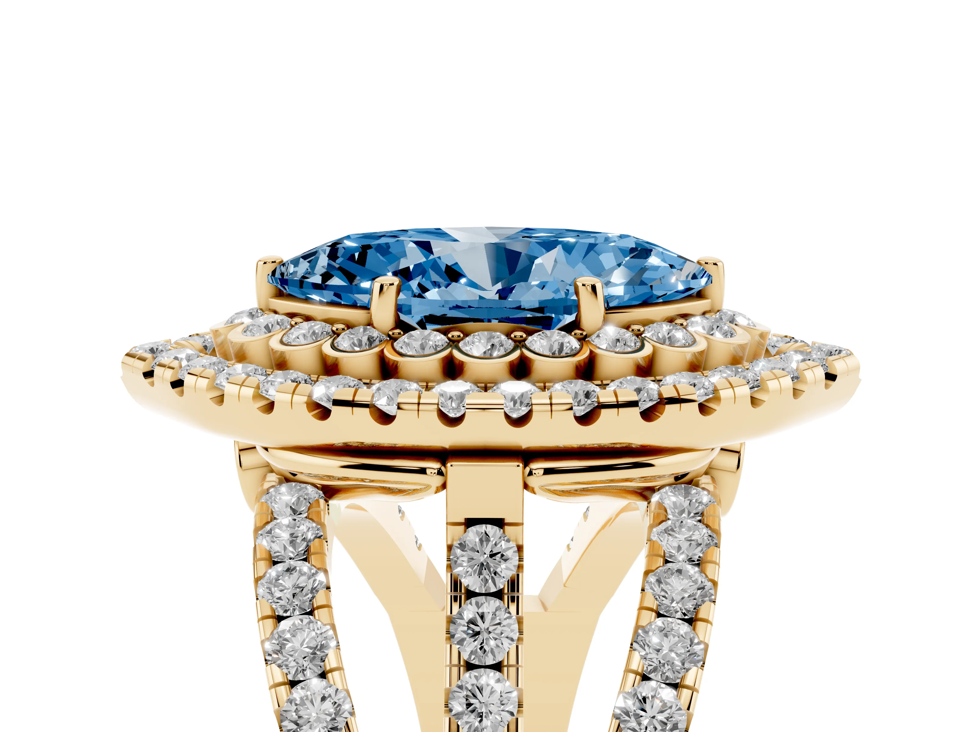 Fancy Blue Marquise Cut Diamond Double Halo Ring Set in Yellow gold with Round Pavé Split Shank