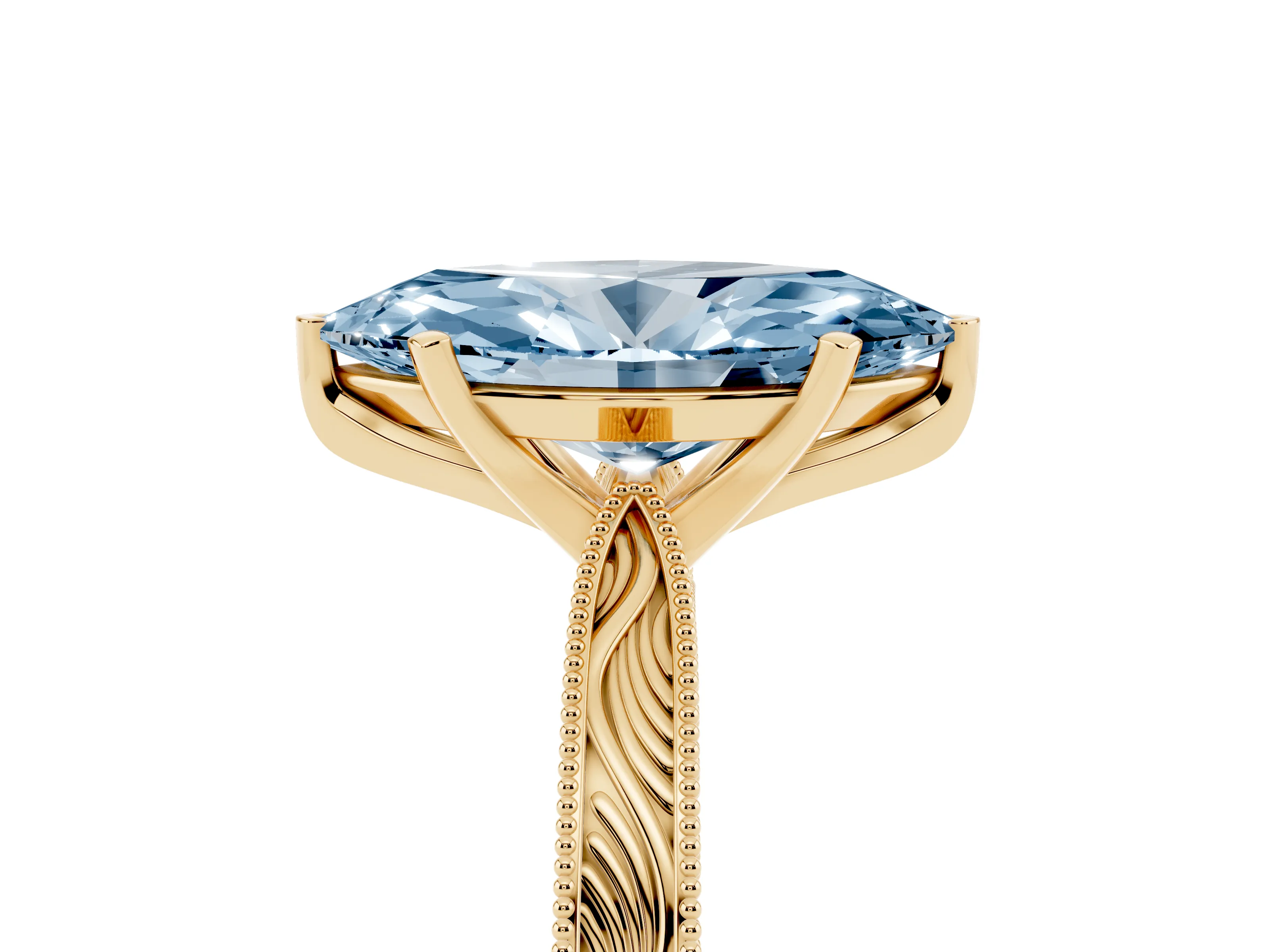 Fancy Blue Marquise Cut Diamond Solitaire Milgrain Engraved Band Set in Yellow gold with Prong Setting