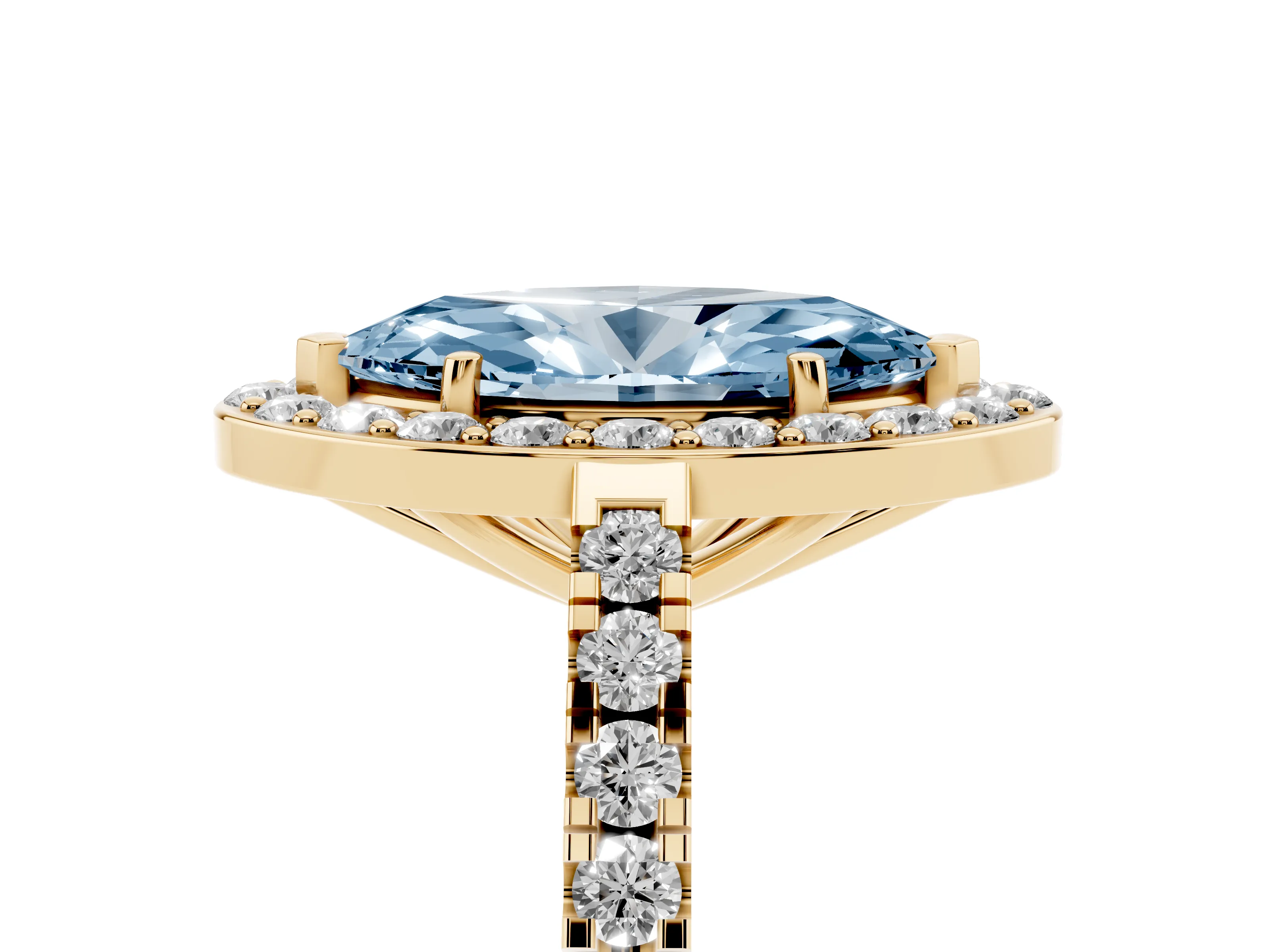 Fancy Blue Marquise Cut Diamond Halo Ring Set in Yellow gold with Round Pavé Split Shank and Prong Setting