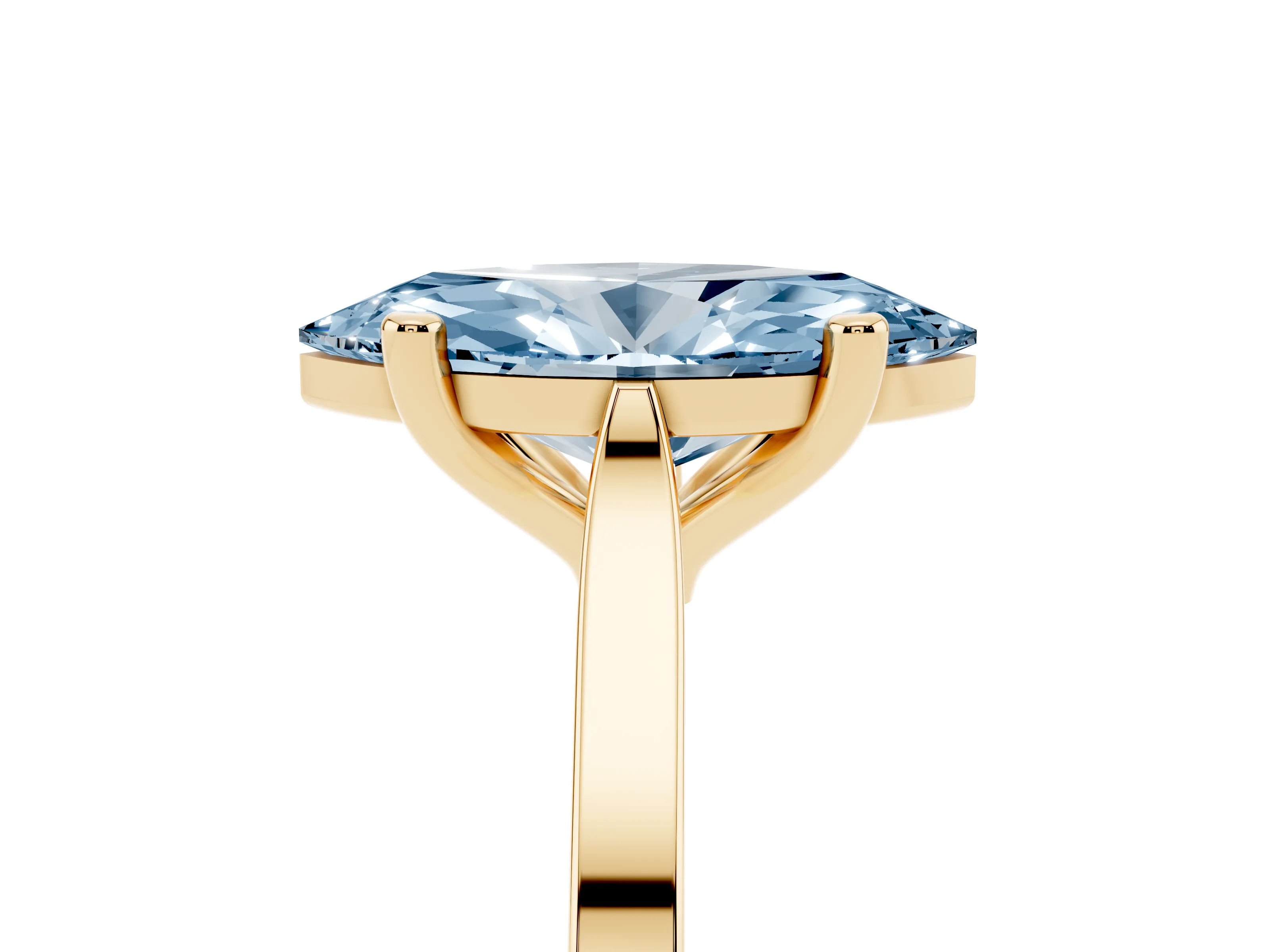 Fancy Blue Marquise Cut Diamond Solitaire Ring Set in Yellow gold with Prong Setting and Tapered Band