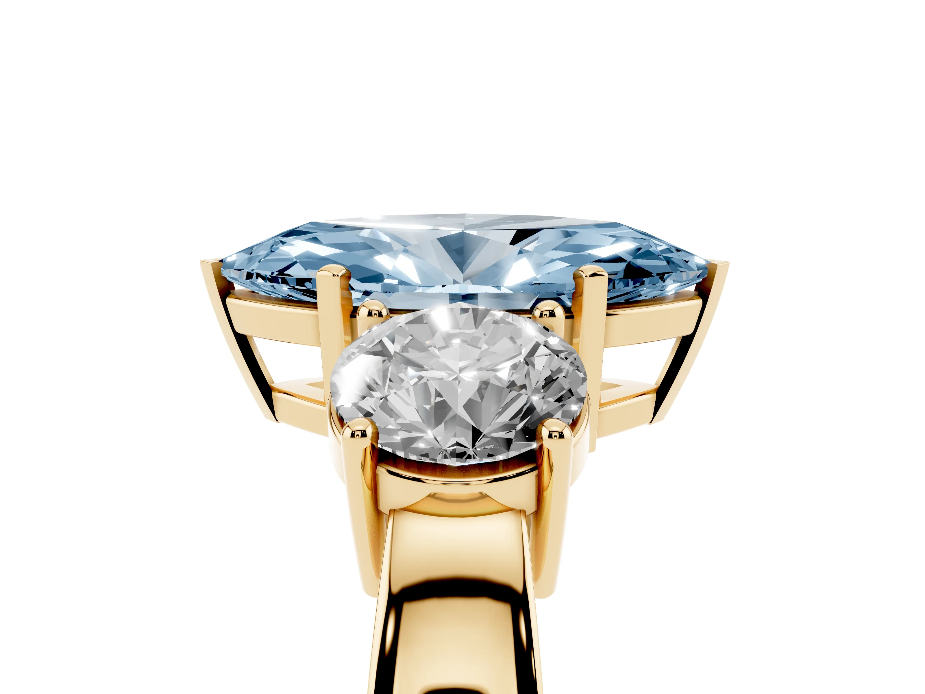 Fancy Blue Marquise Cut Diamond Three-Stone Ring Set in Yellow gold with Round Side Stones and Classic Band