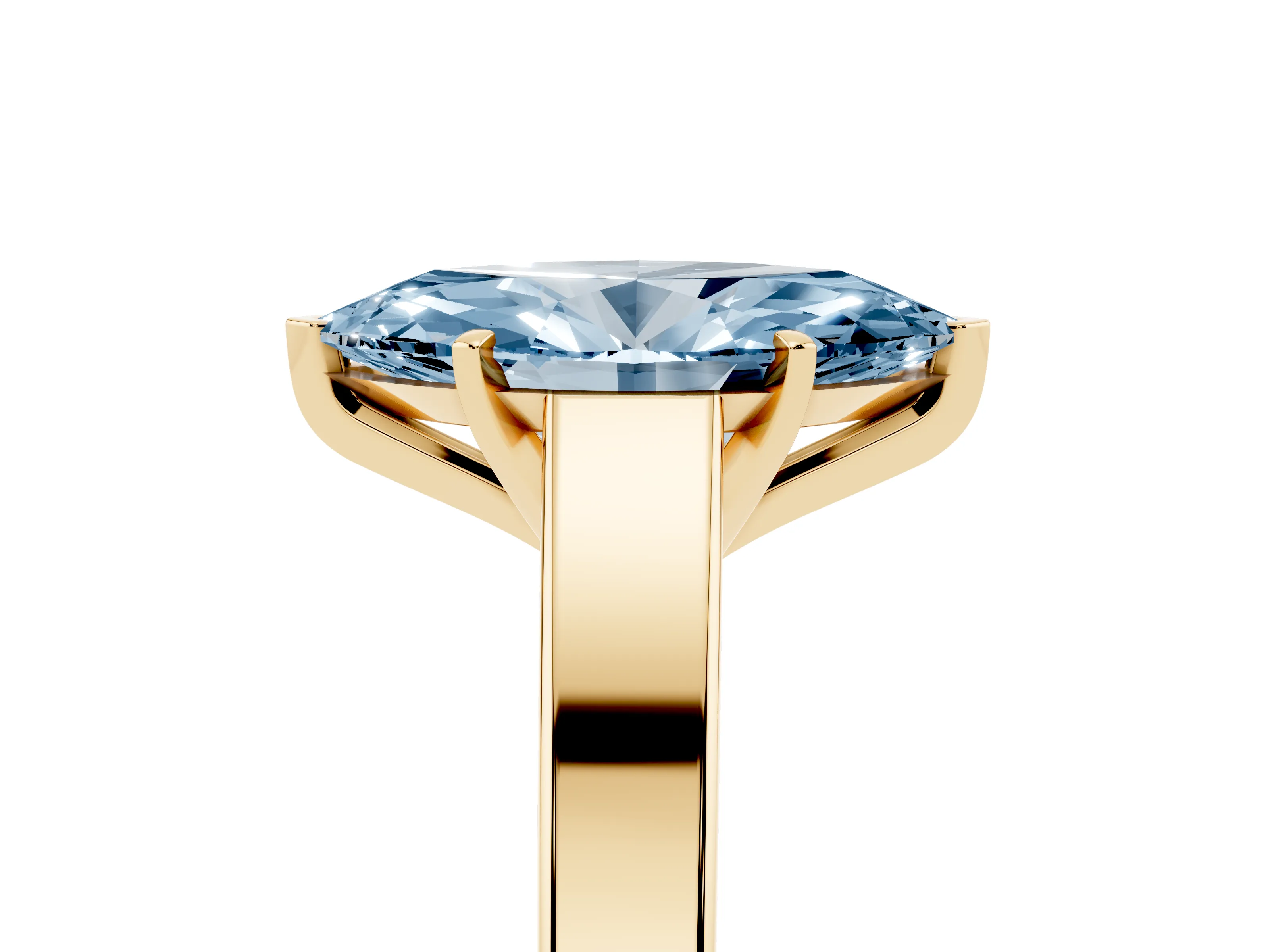 Fancy Blue Marquise Cut Diamond Solitaire Engagement Ring Set in Yellow gold with Prong Setting and Tapered Band