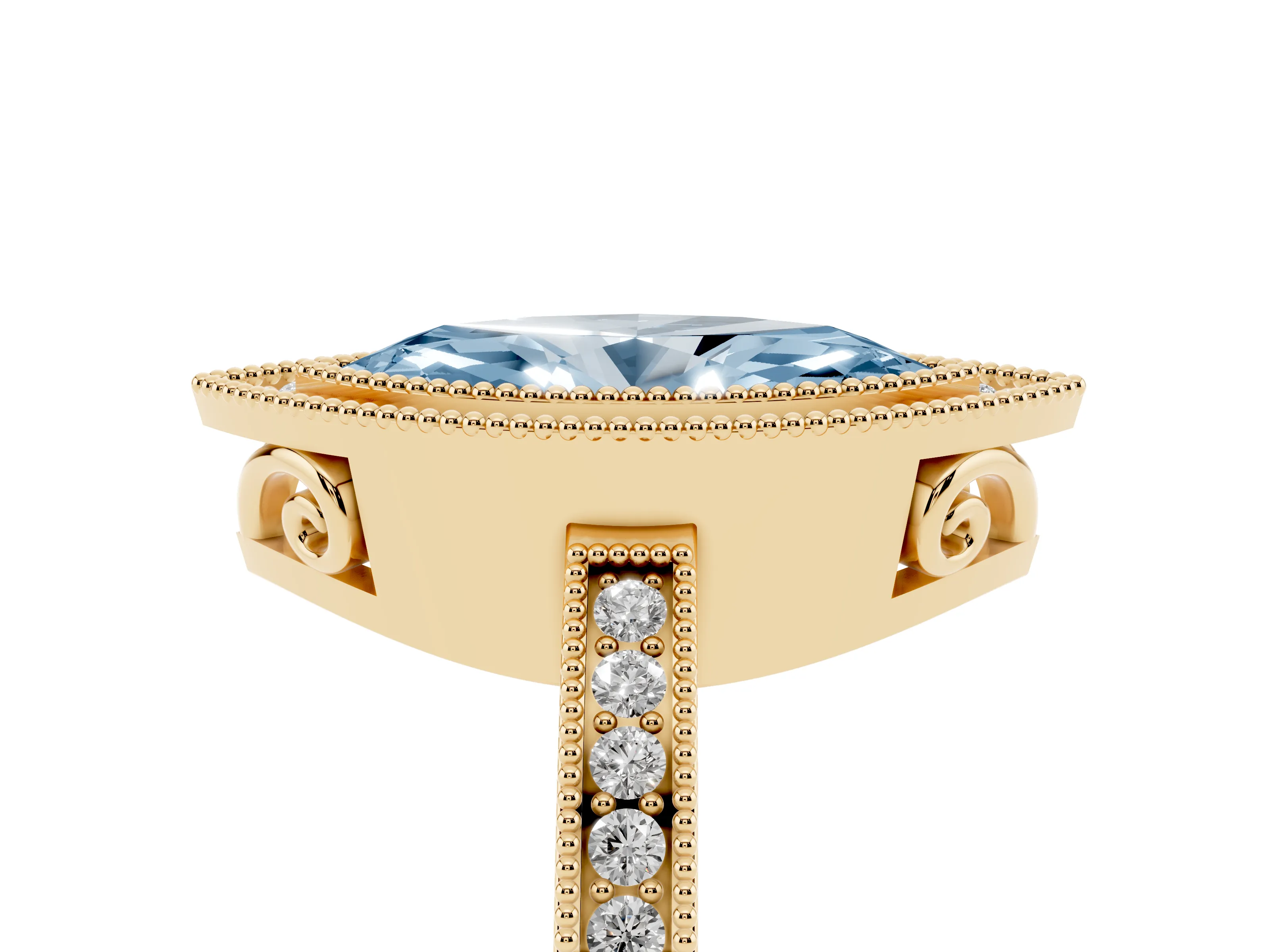 Fancy Blue Marquise Cut Diamond Halo Ring Set in Yellow gold with Pavé Band and Milgrain-Edged Prongs