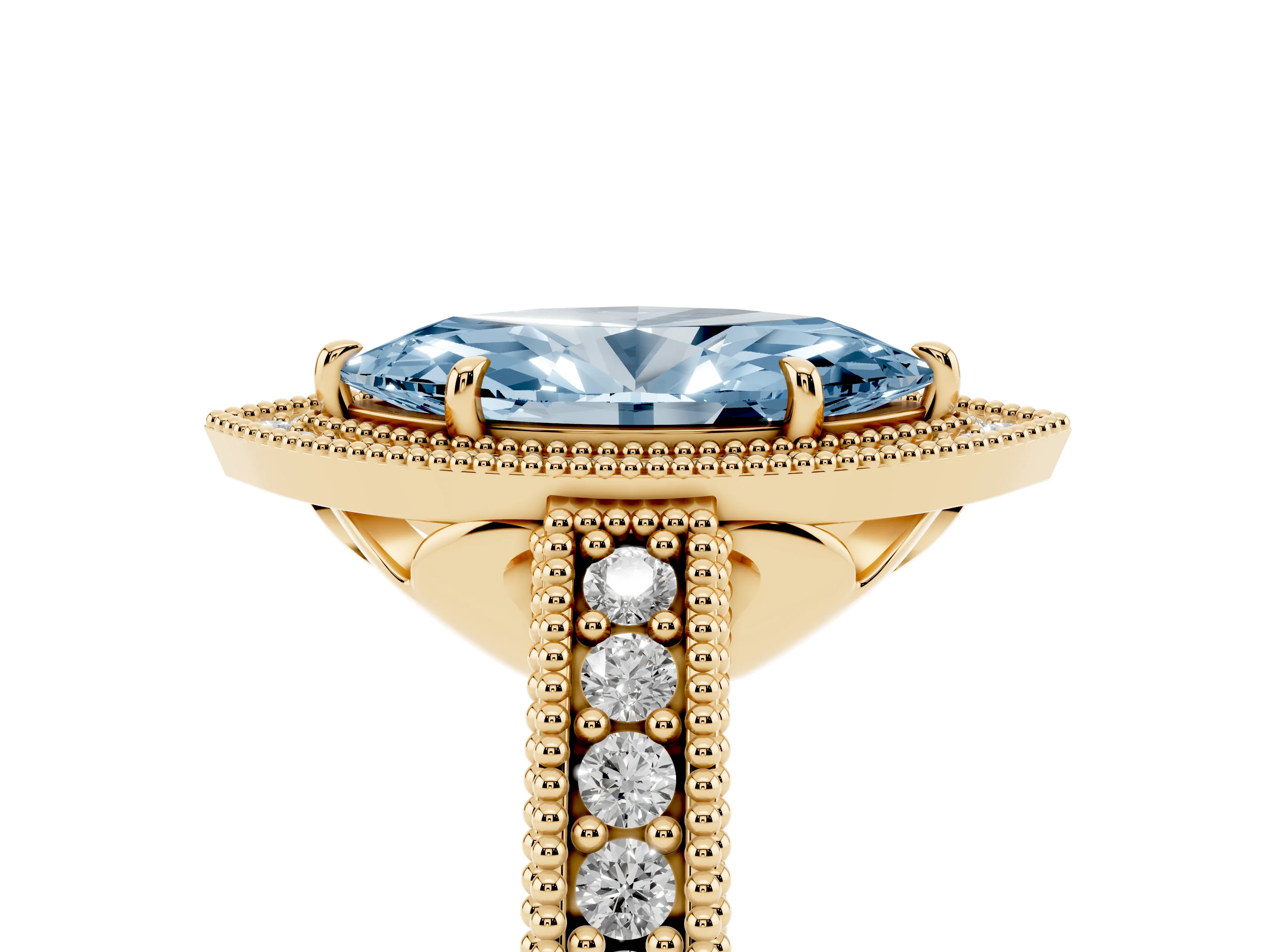 Fancy Blue Marquise Cut Diamond Halo Ring Set in Yellow gold with Round Accent Halo, Pavé Band and Prong Setting