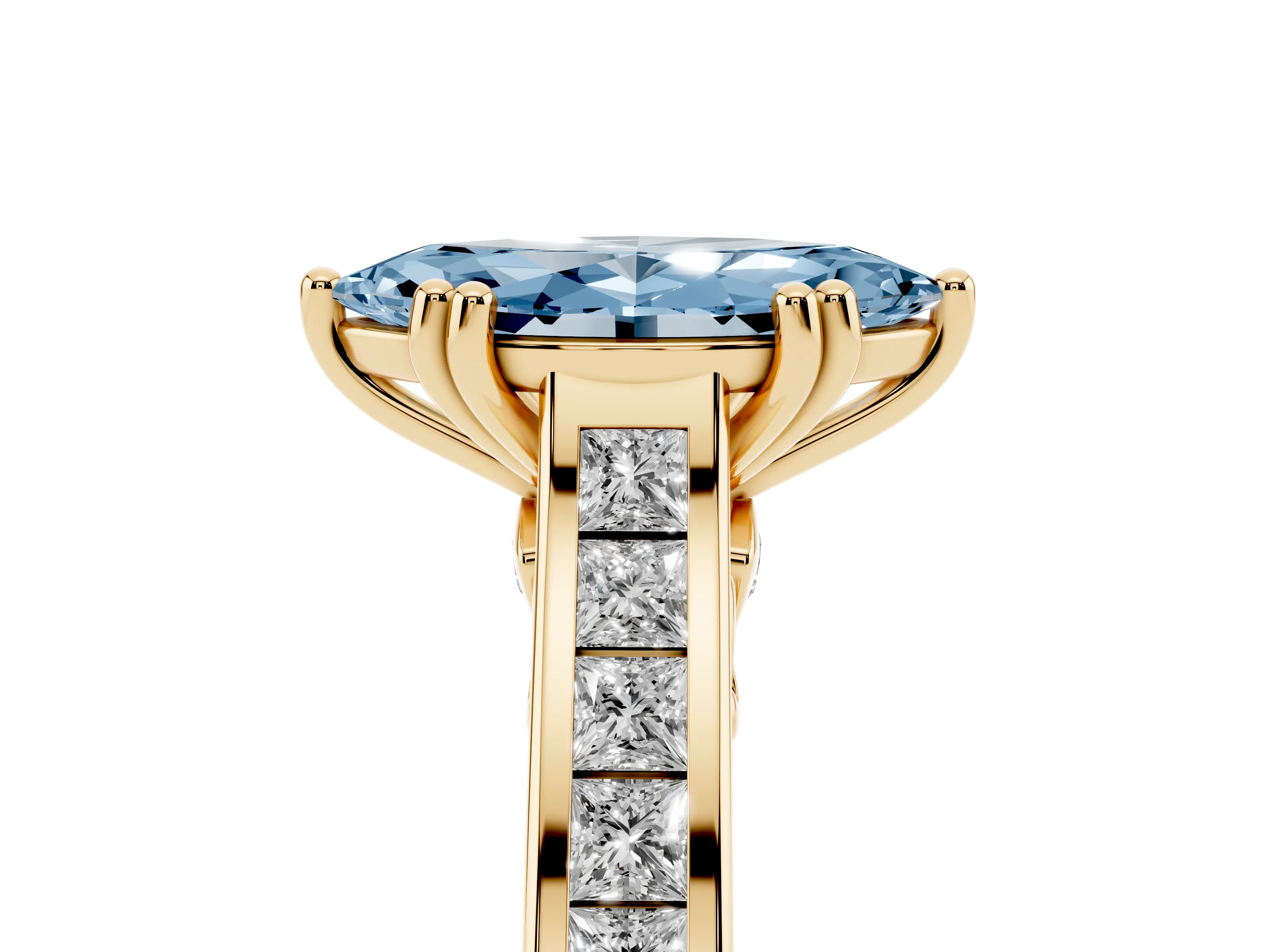 Fancy Blue Marquise Cut Diamond Channel Set Solitaire Engagement Ring Set in Yellow gold with Prong Setting