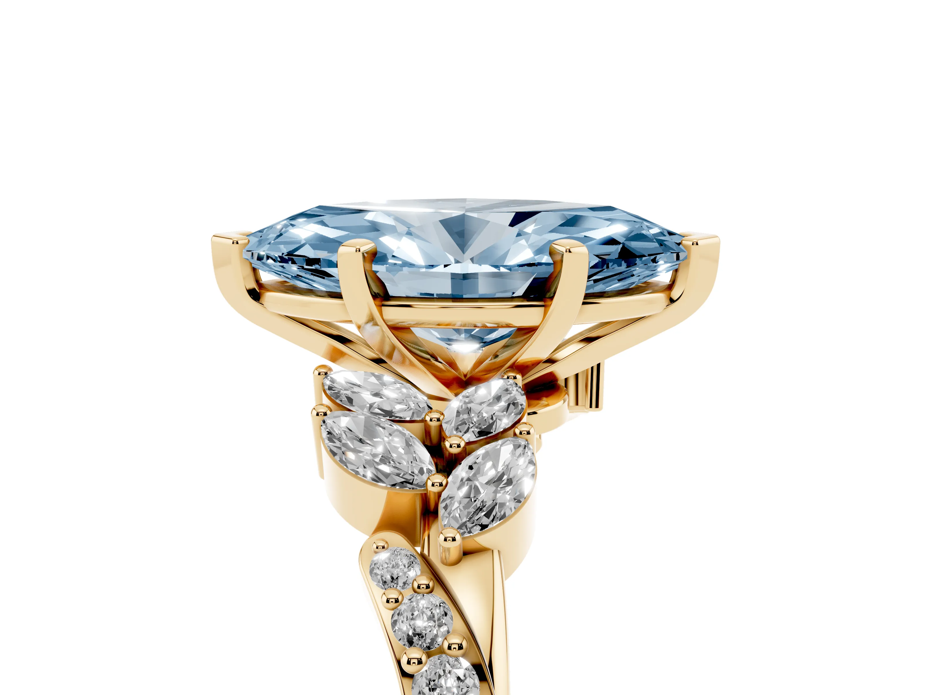 Fancy Blue Marquise Cut Diamond Solitaire Ring Set in Yellow gold with Marquise Twist Band and Prong Setting