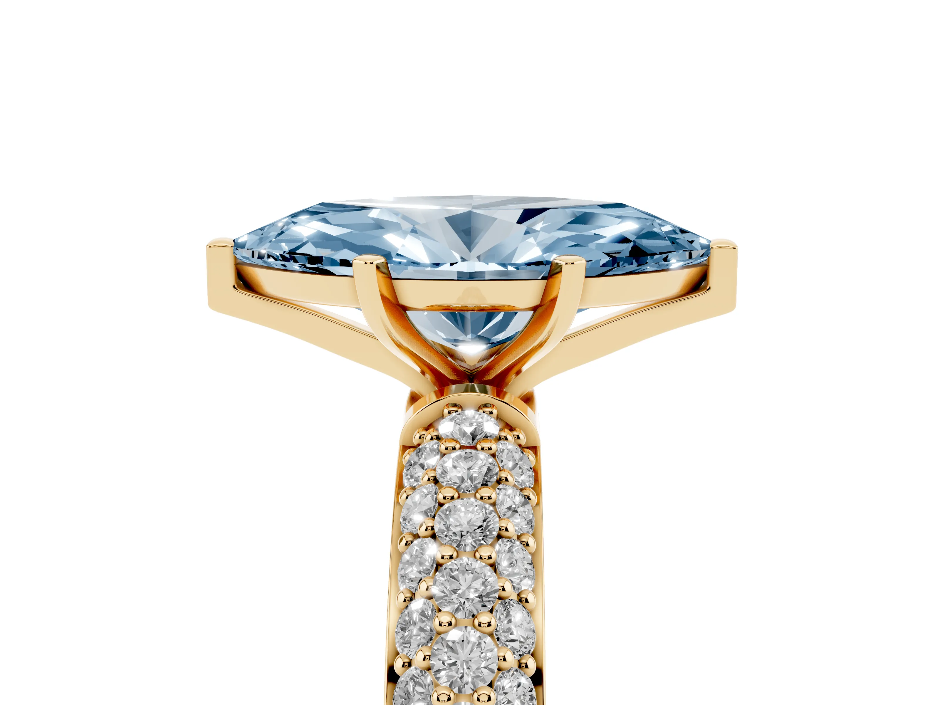 Fancy Blue Marquise Cut Diamond Solitaire Ring Set in Yellow gold with Prong Setting and Pavé-Set Band