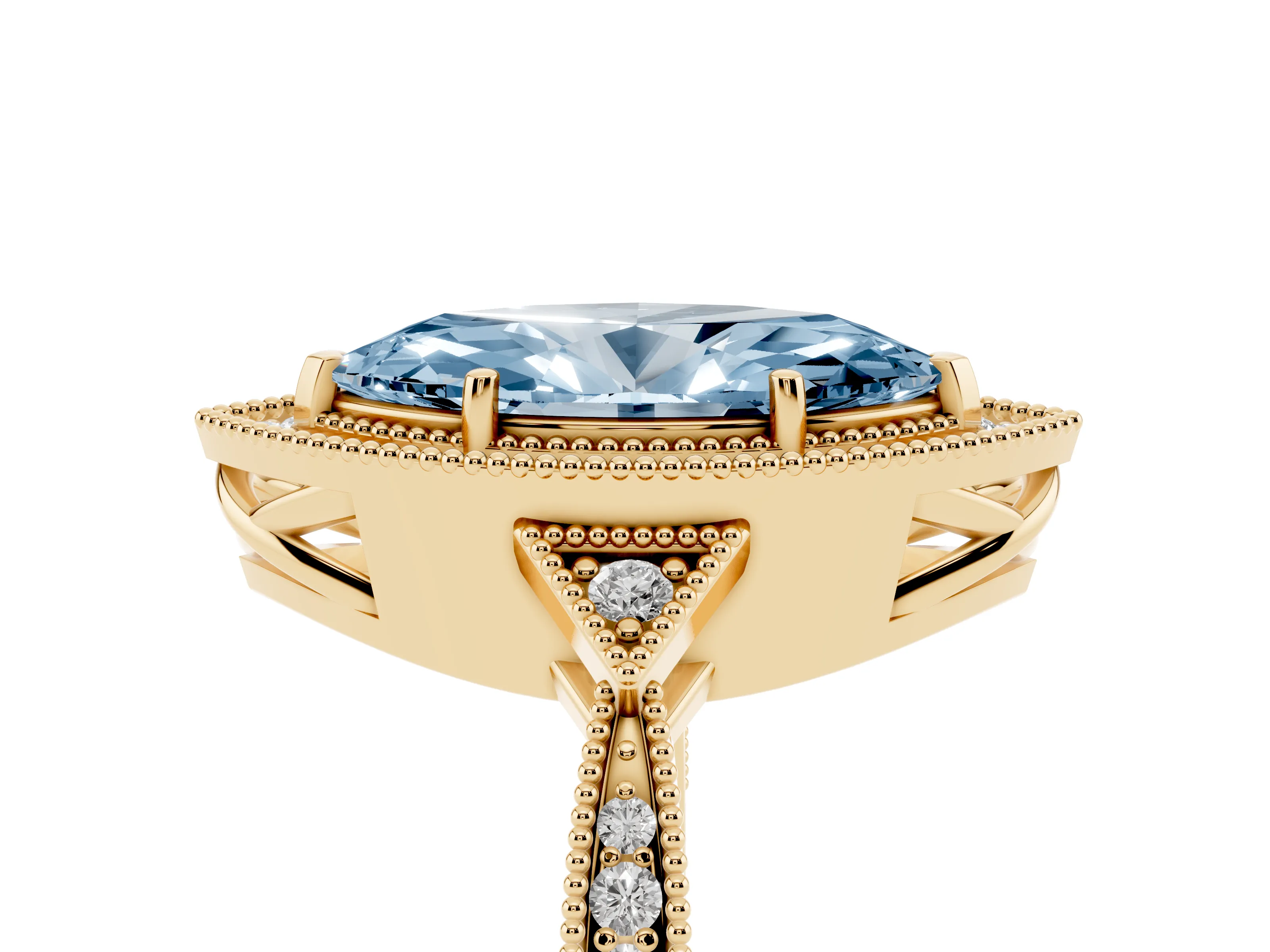 Fancy Blue Marquise Cut Diamond Halo Engagement Ring Set in Yellow gold with Milgrain Pavé Band