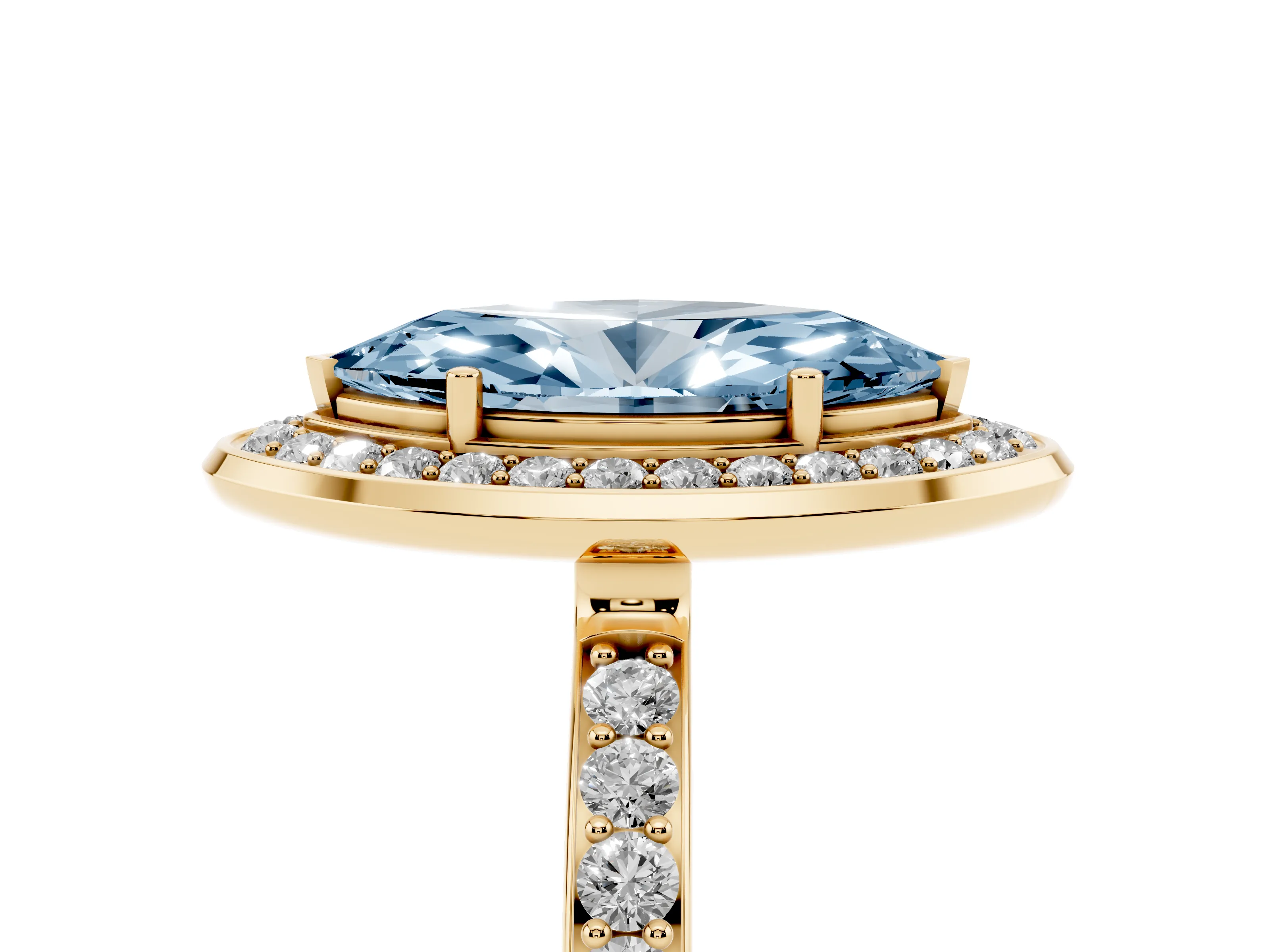 Fancy Blue Marquise Cut Diamond Halo Ring Set in Yellow gold with Bezel Frame and Pavé Band