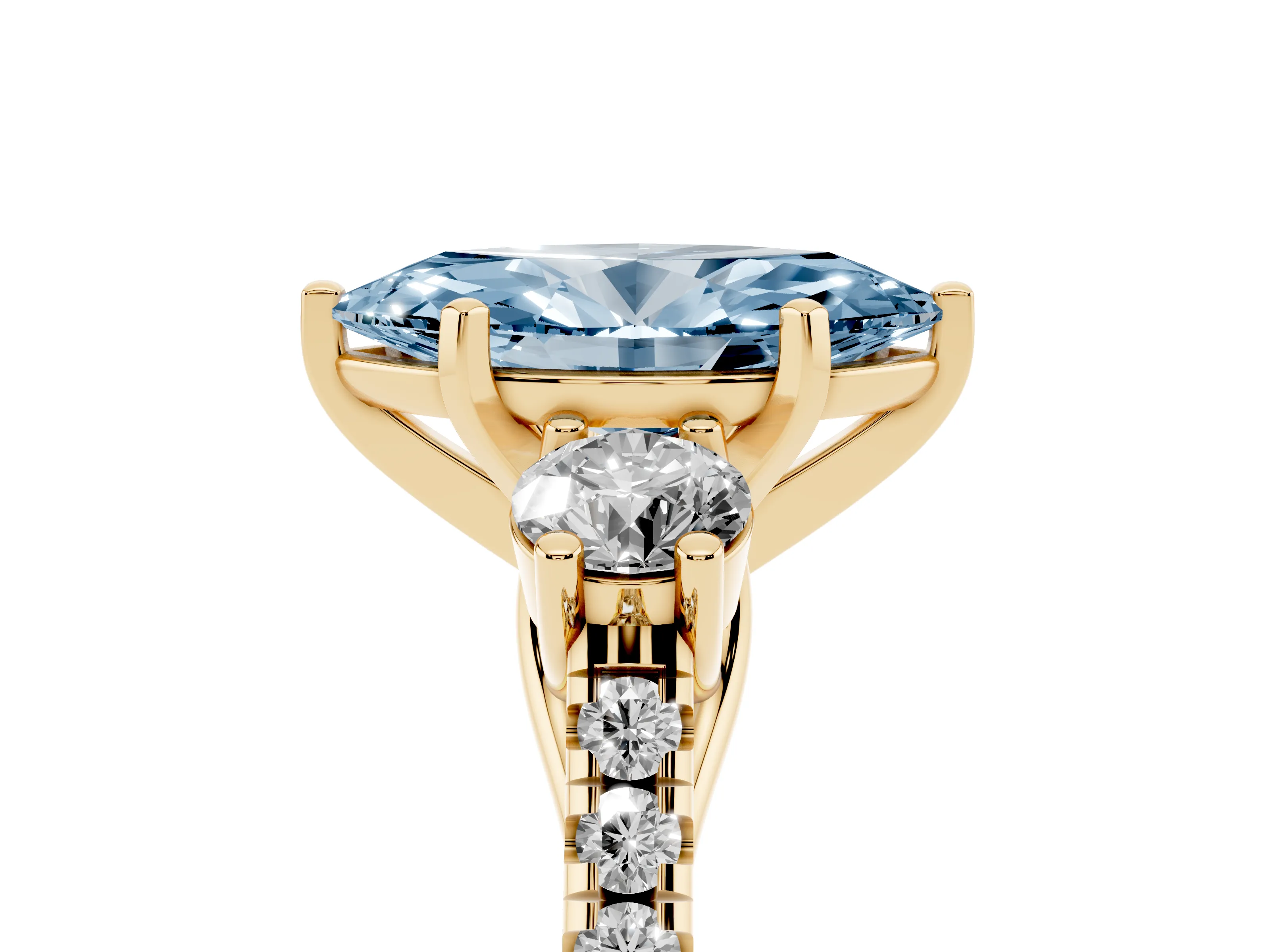 Fancy Blue Three-Stone Marquise Cut Diamond Pavé Band Ring Set in Yellow gold with Prong-Set Trio