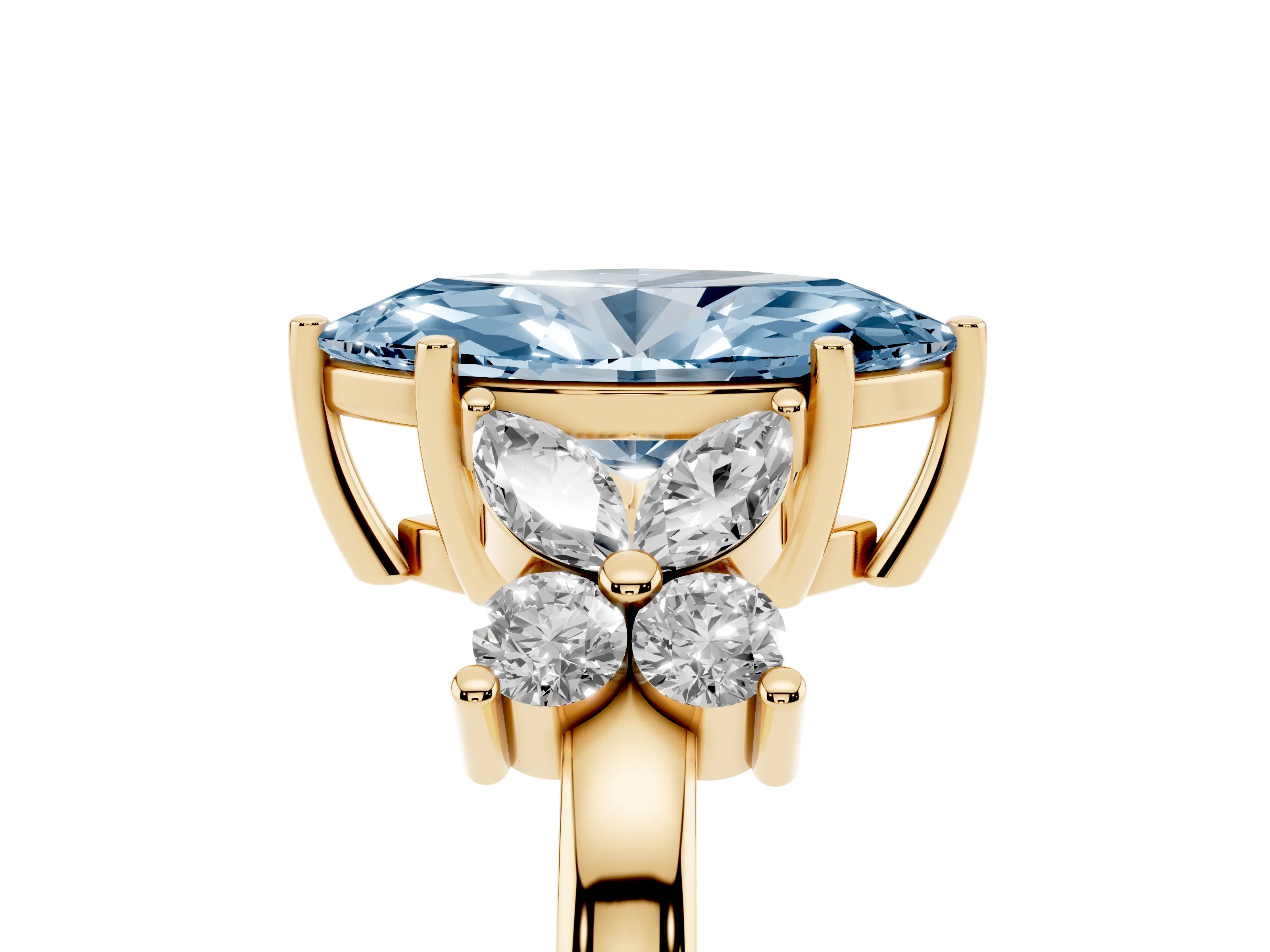 Fancy Blue Marquise Cut Diamond Floral Cluster Ring Set in Yellow gold with Marquise Petals and Prong Setting