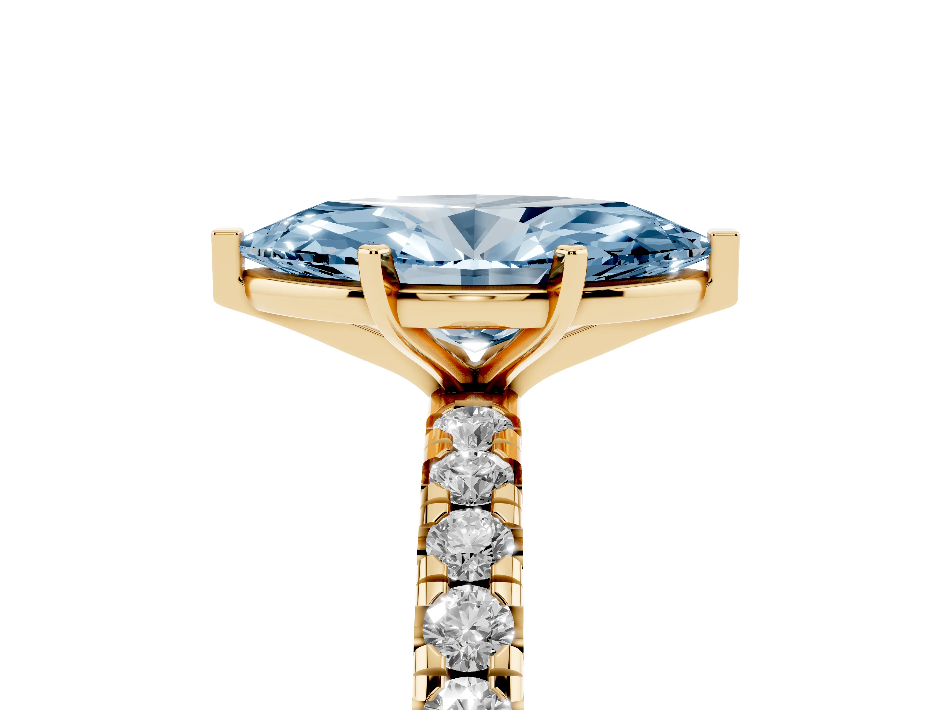 Fancy Blue Marquise Cut Diamond Pavé Solitaire Ring Set in Yellow gold with Round Band and Prong Setting