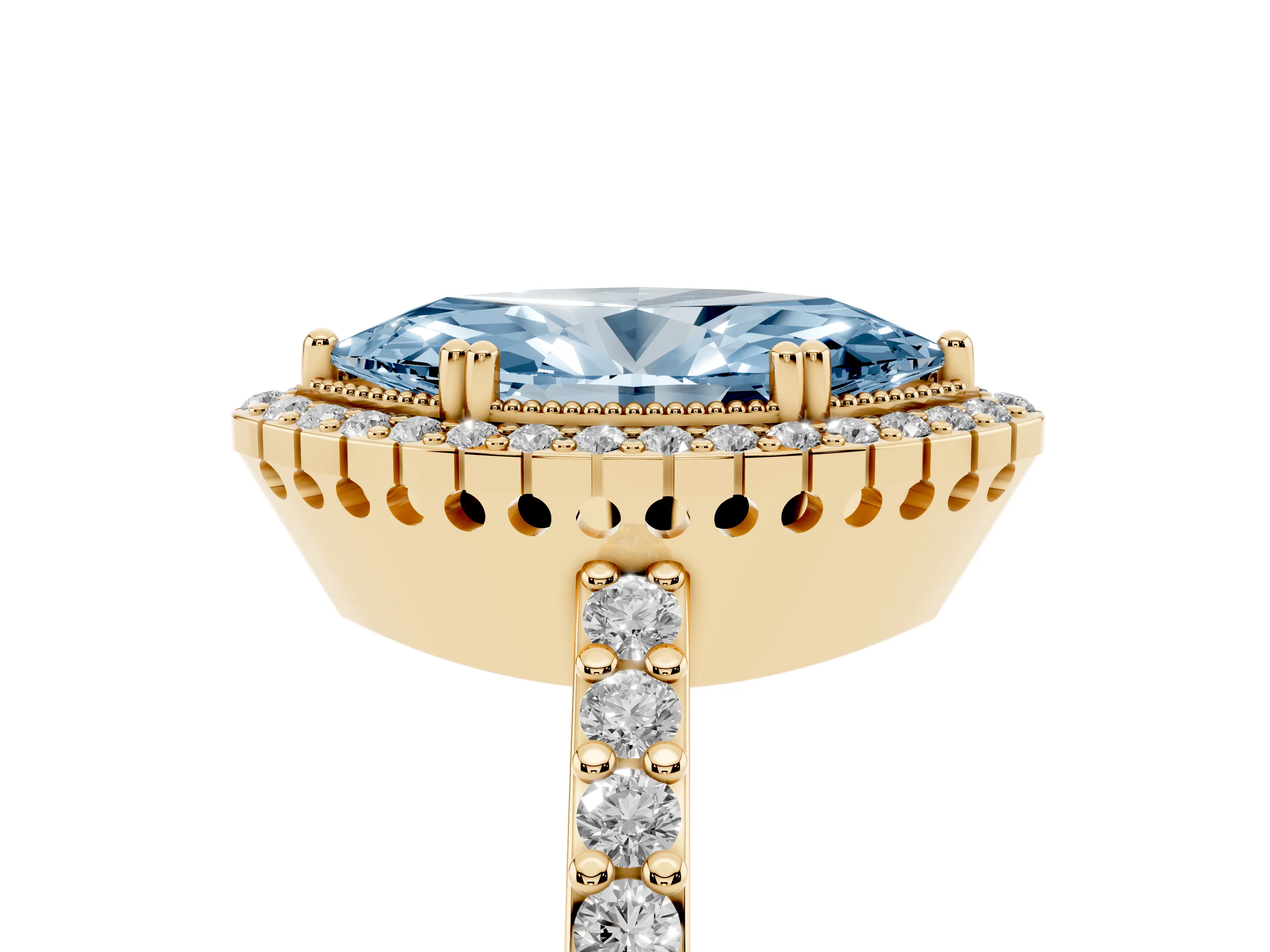 Fancy Blue Marquise Cut Diamond Halo Engagement Ring Set in Yellow gold with Milgrain Detail and Pavé Band