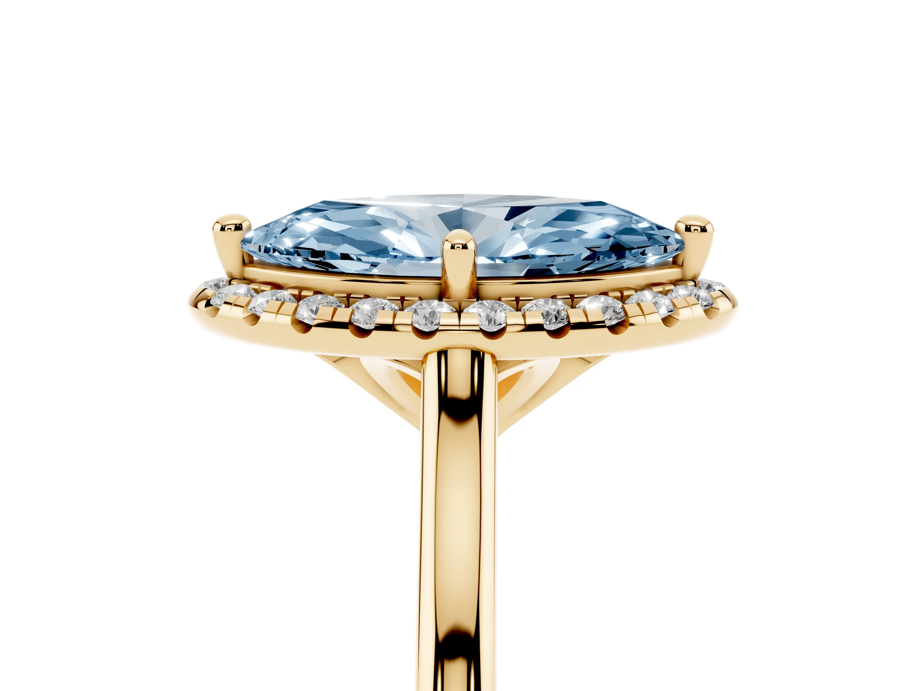 Fancy Blue Marquise Cut Diamond Halo Engagement Ring Set in Yellow gold with Pavé Band and Rising Shoulders