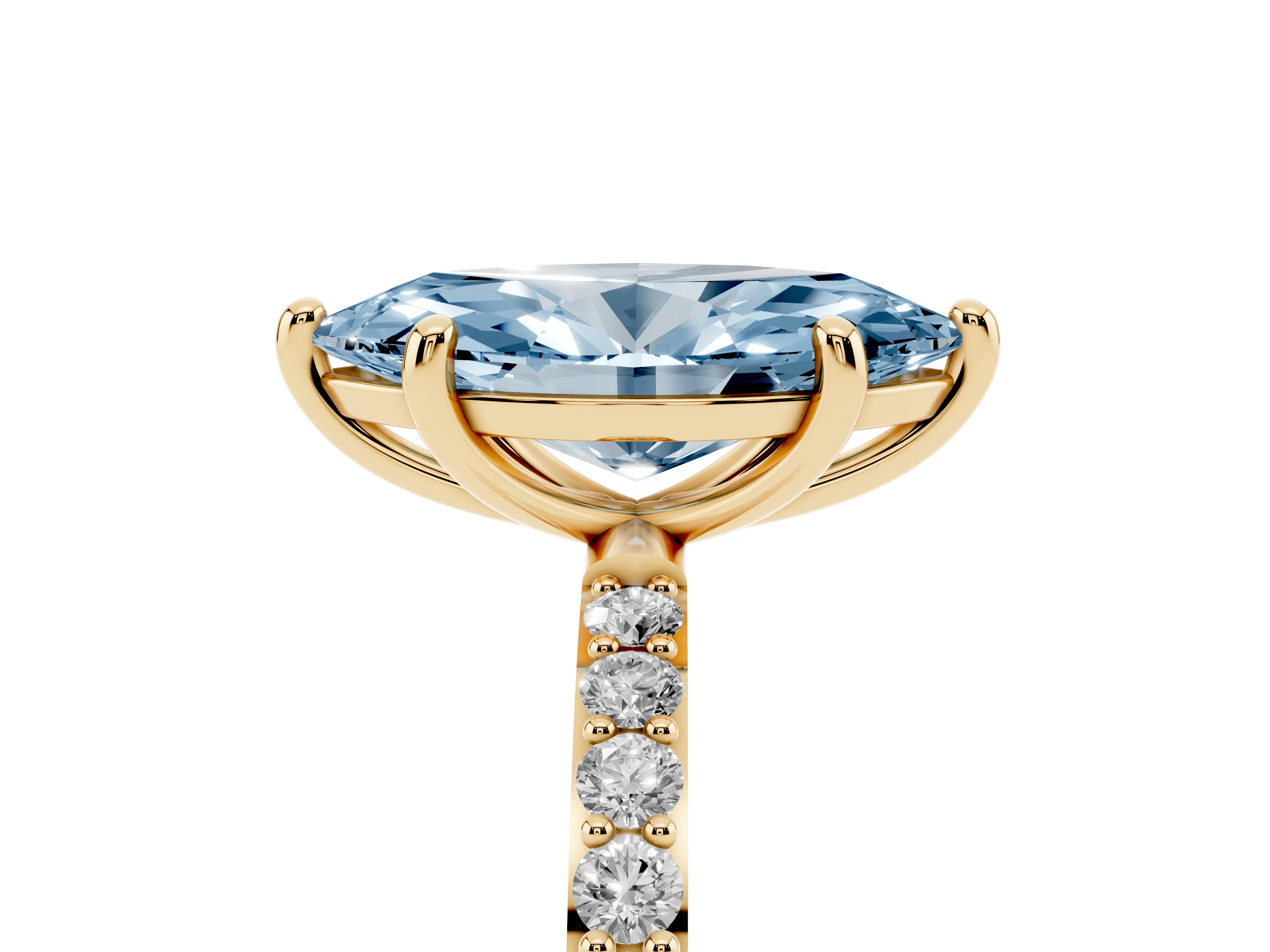 Fancy Blue Marquise Cut Diamond Solitaire Ring Set in Yellow gold with Round Pavé Band and Prong Setting